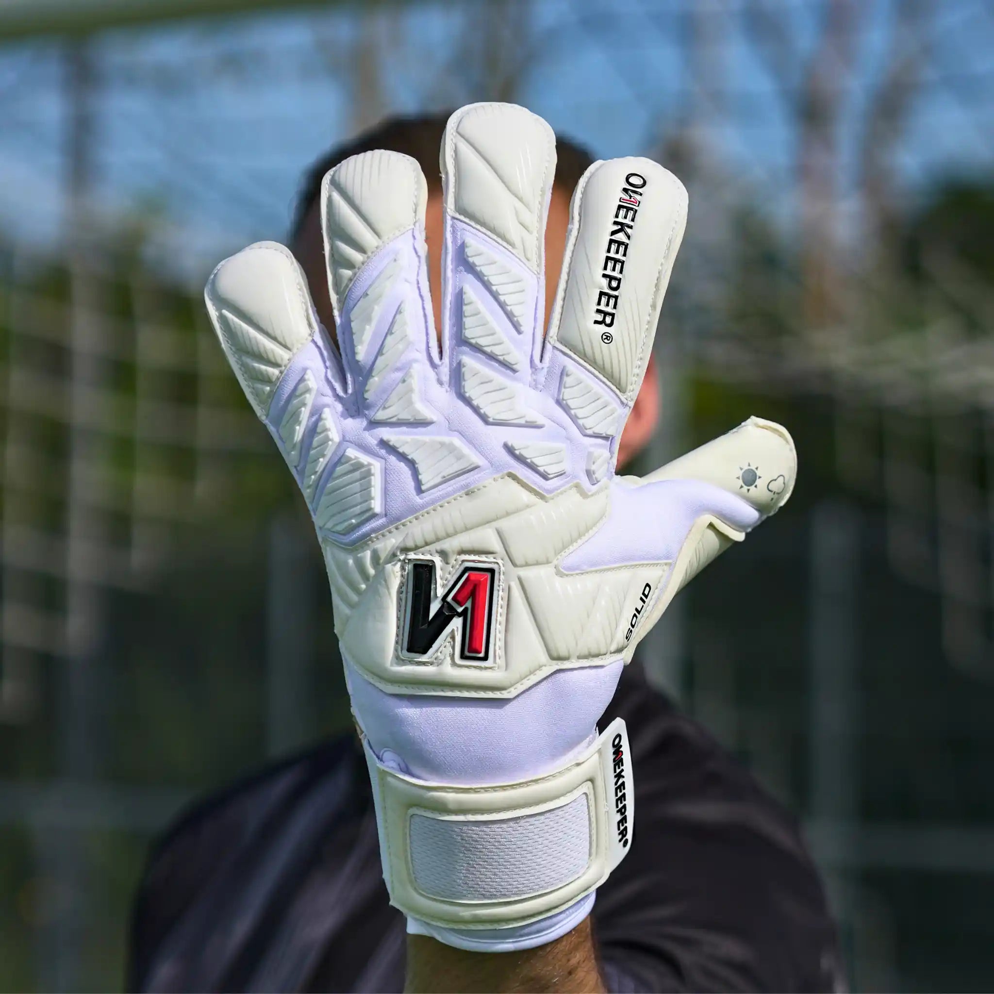 ONEKEEPER solid white goalkeeper gloves backhand