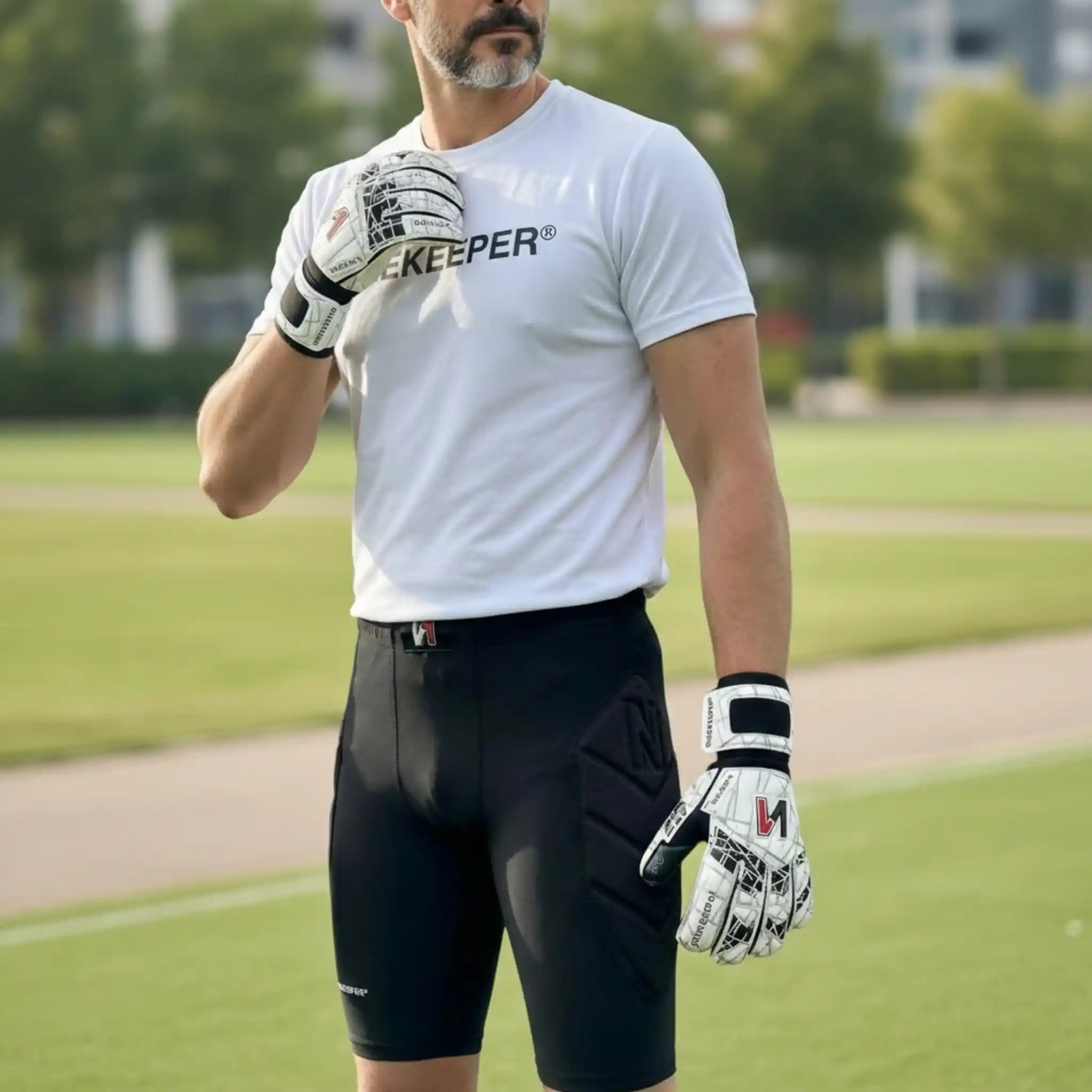 Goalkeeper wearing white gloves and black padded shorts on soccer field, ready for play