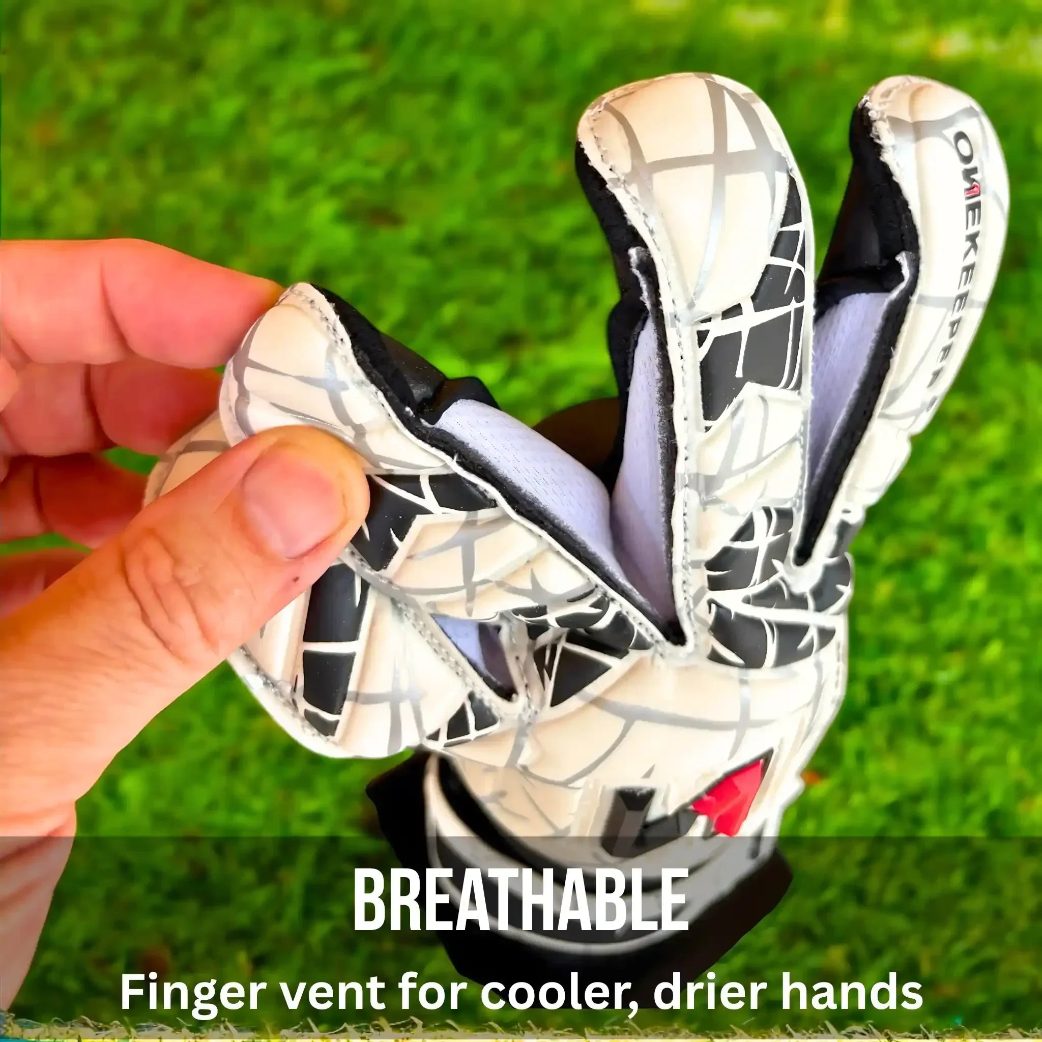 ONEKEEPER USA goalkeeper glove with finger vent for breathable comfort on grass field