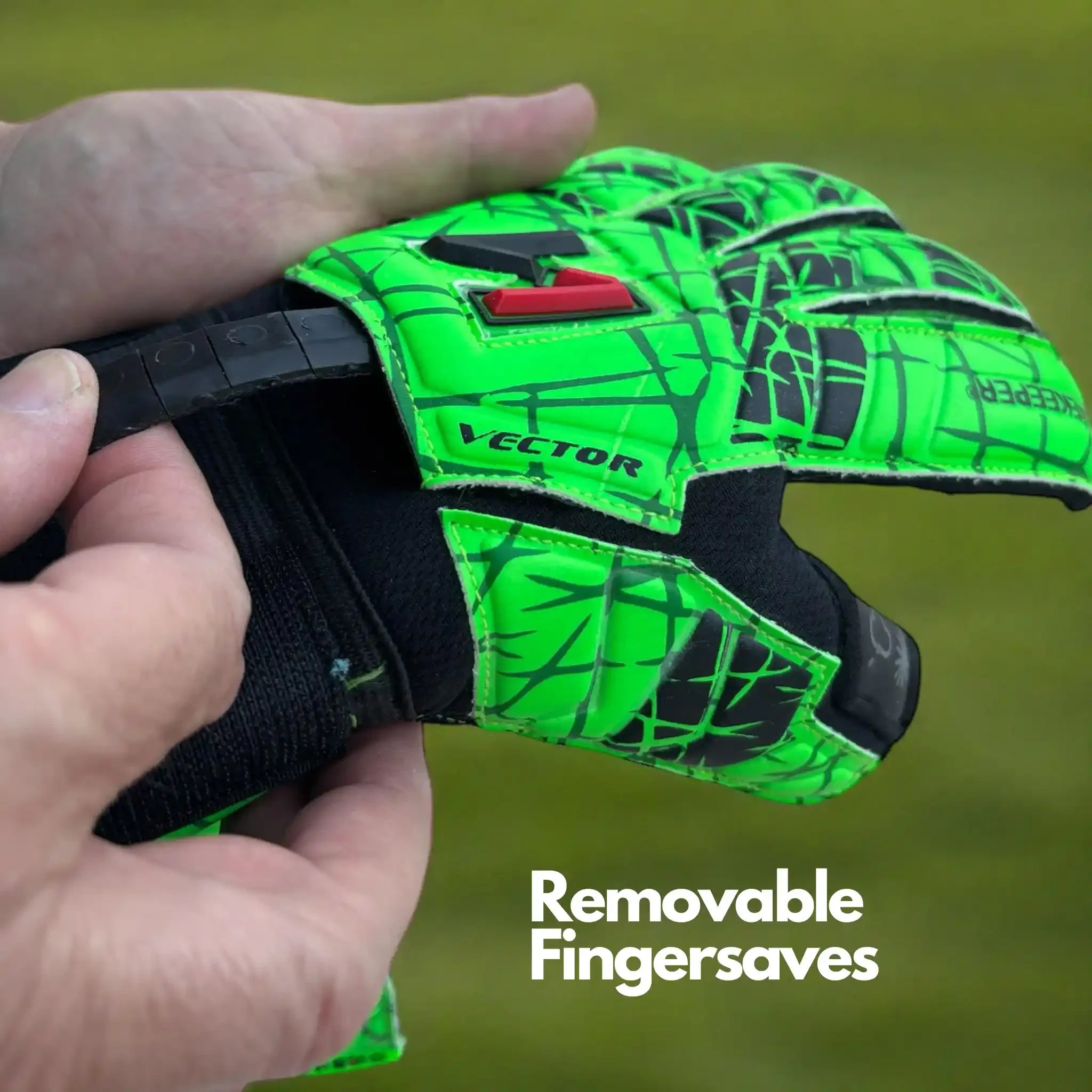 ONEKEEPER USA bright green goalkeeper glove with removable fingersaves feature shown outdoors