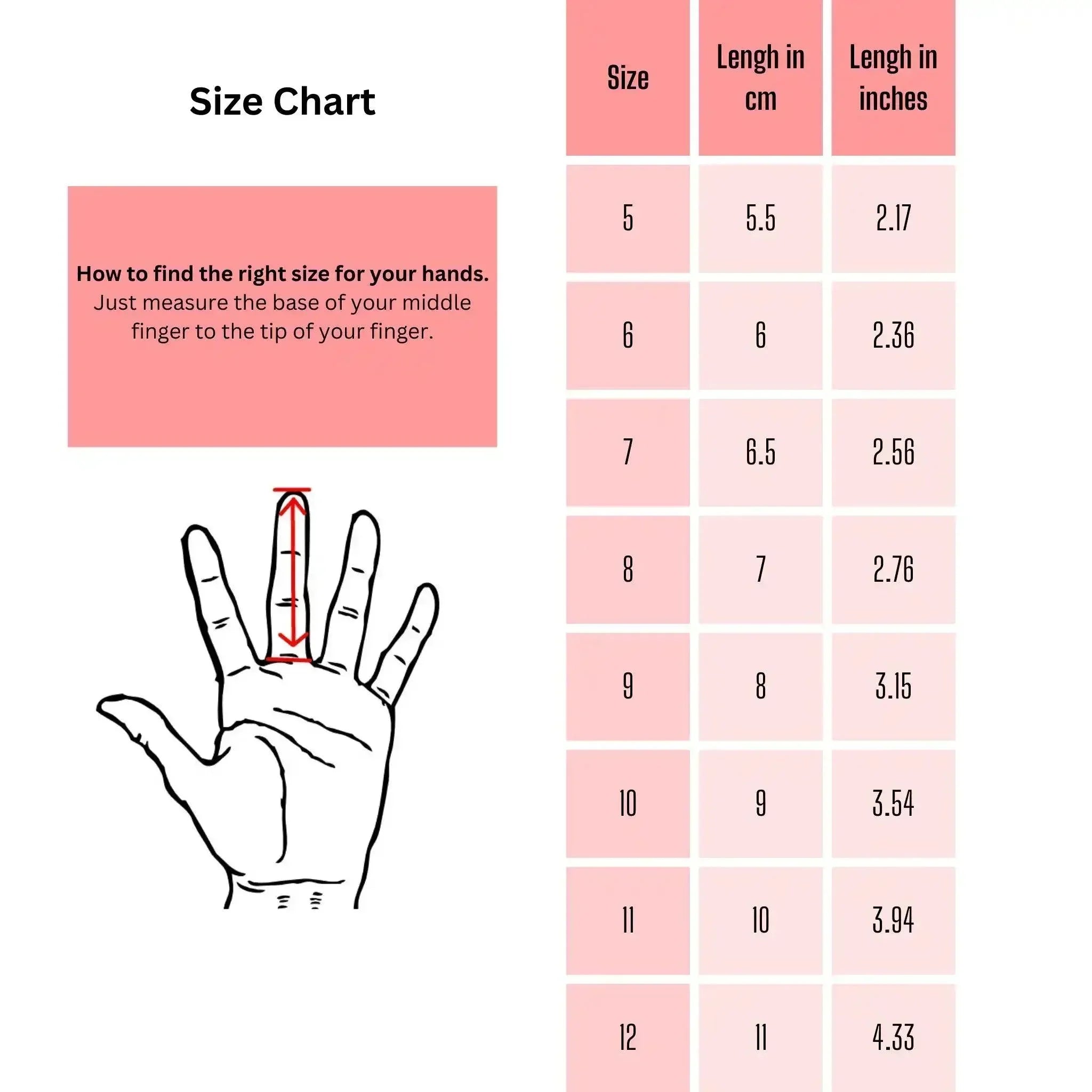 Goalkeeper gloves size chart with hand measurement guide and size conversion in cm and inches.