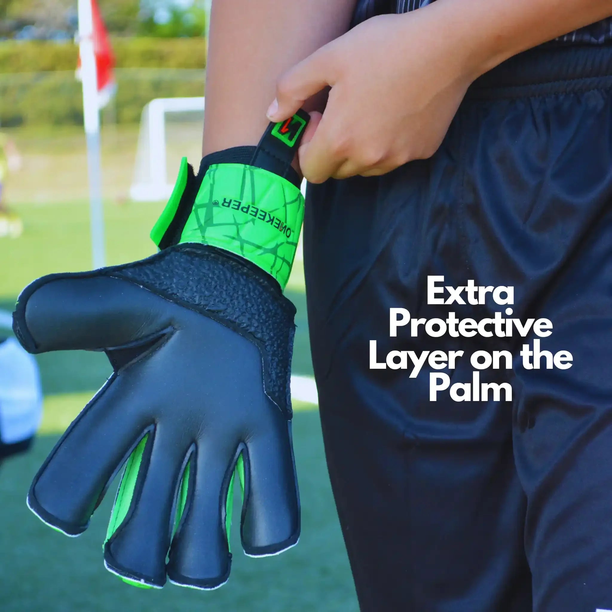 ONEKEEPER USA goalkeeper glove with extra palm protection, worn on soccer field