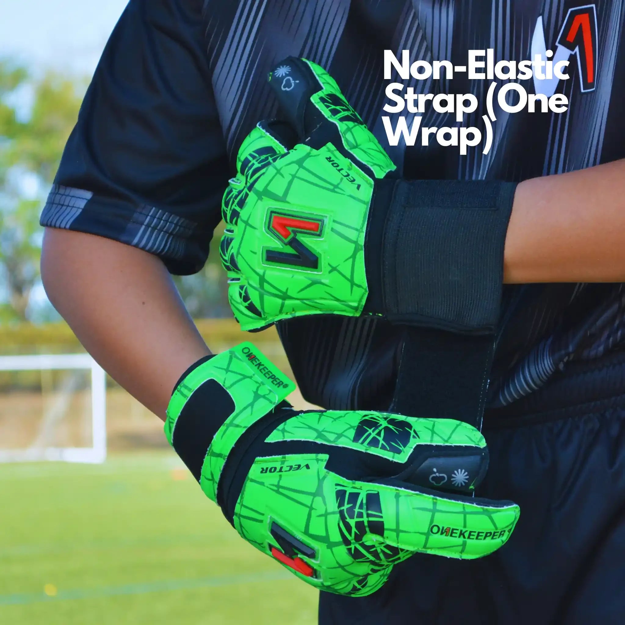 ONEKEEPER USA neon green Vector Evolution goalkeeper gloves with non-elastic strap on field