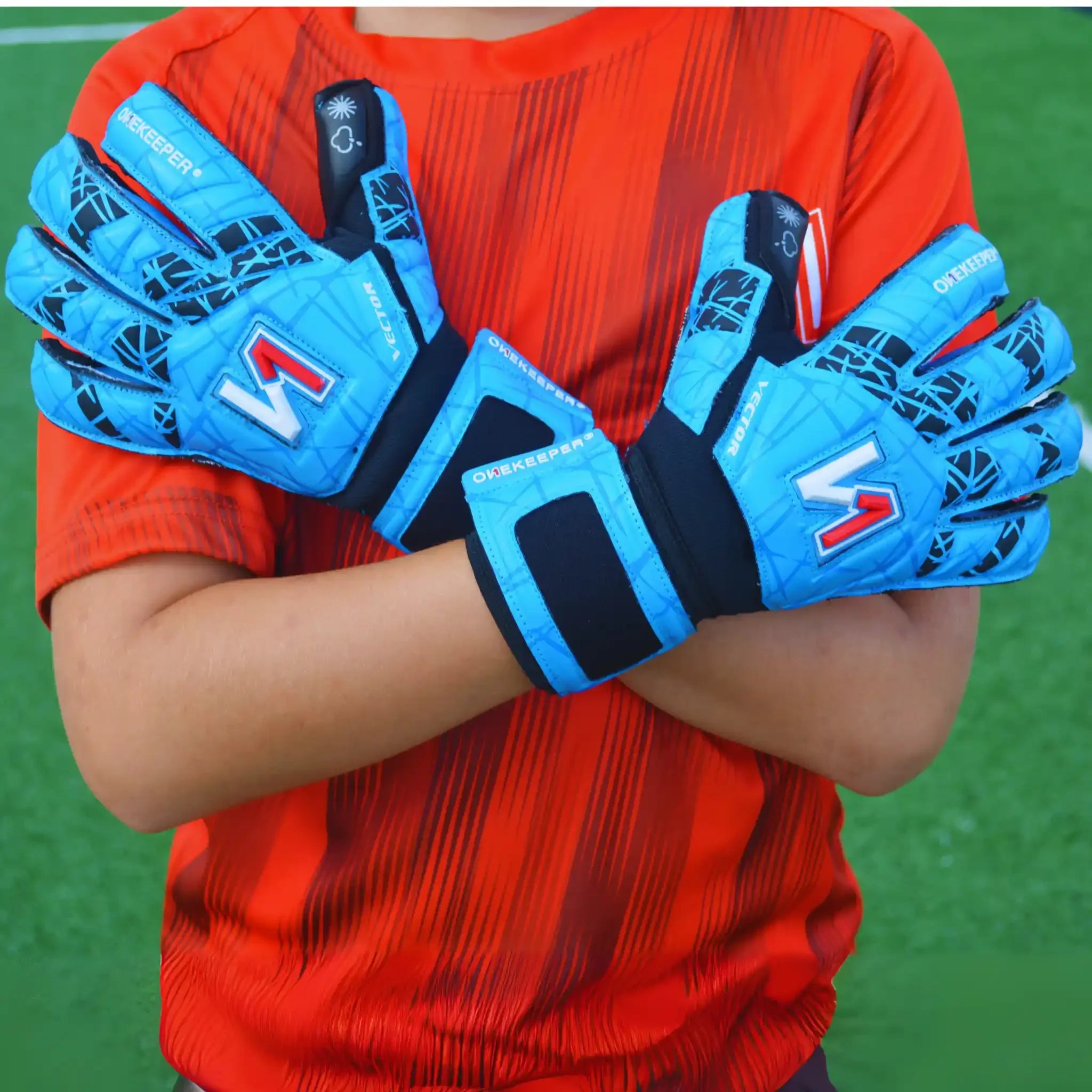 Person wearing ONEKEEPER Vector Evolution blue goalkeeper gloves with a brand logo on a green background