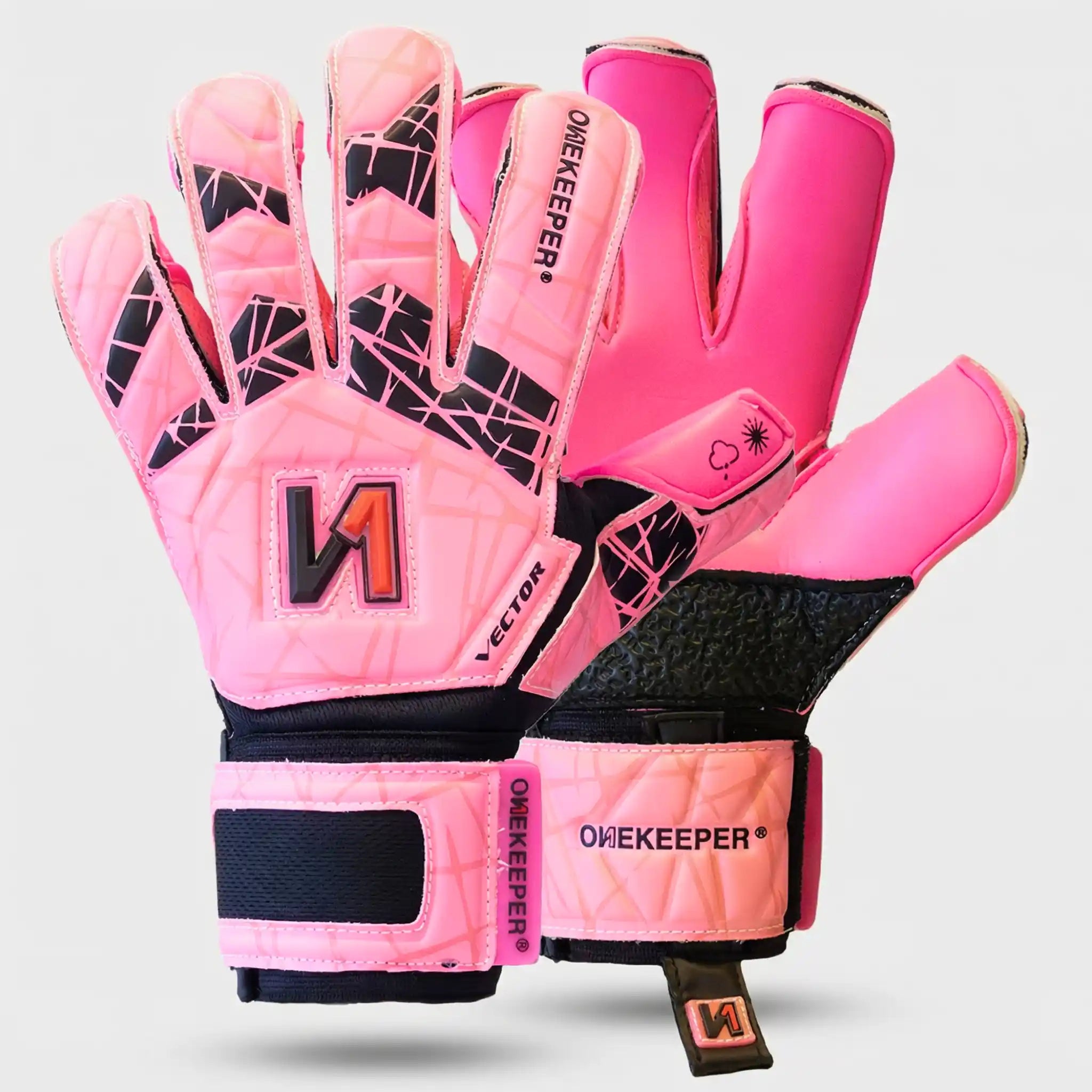 onekeeper vector evolution Pink goalkeeper gloves with black accents on a light gray background