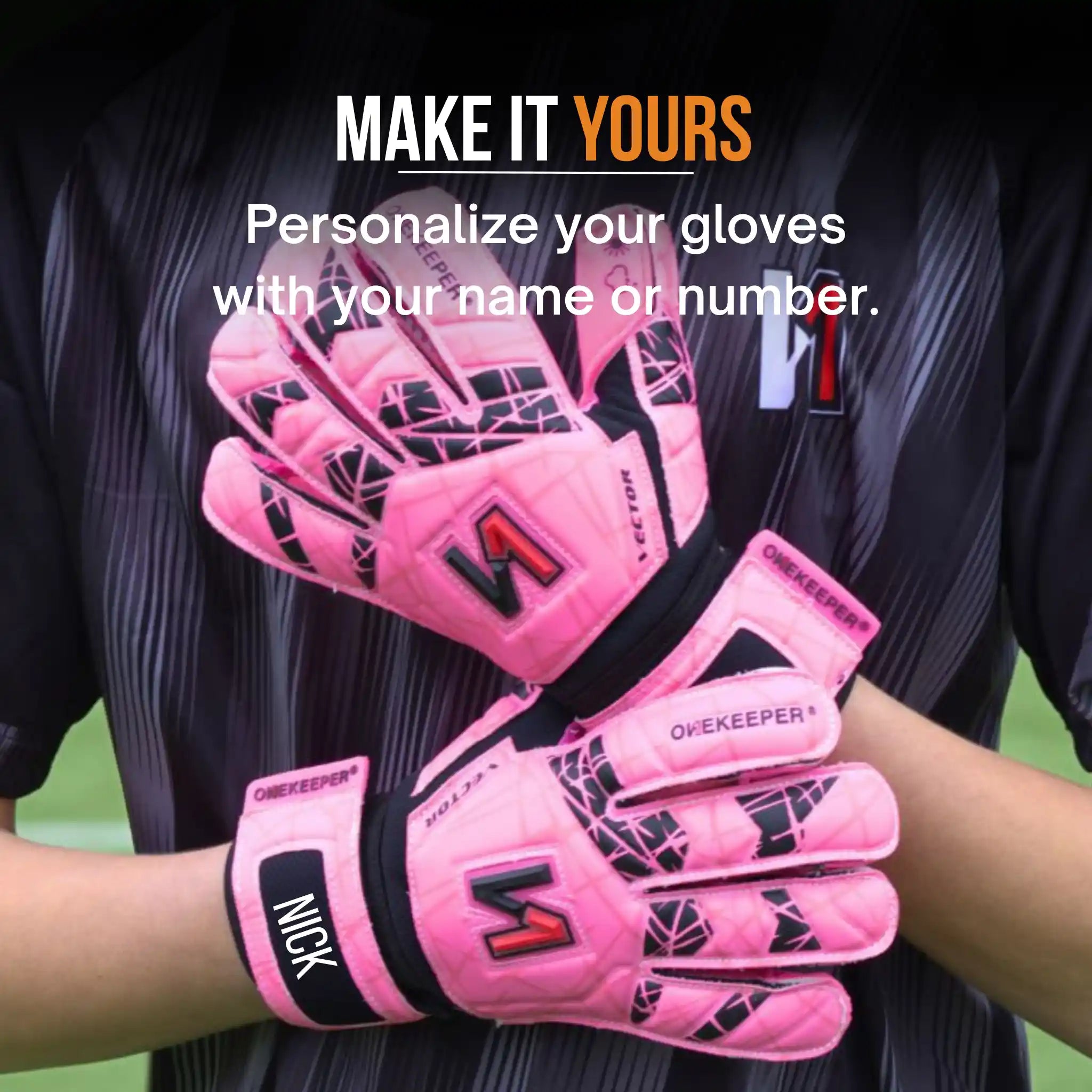 onekeeper vector evolution Pink goalkeeper gloves with customization options on a blurred background