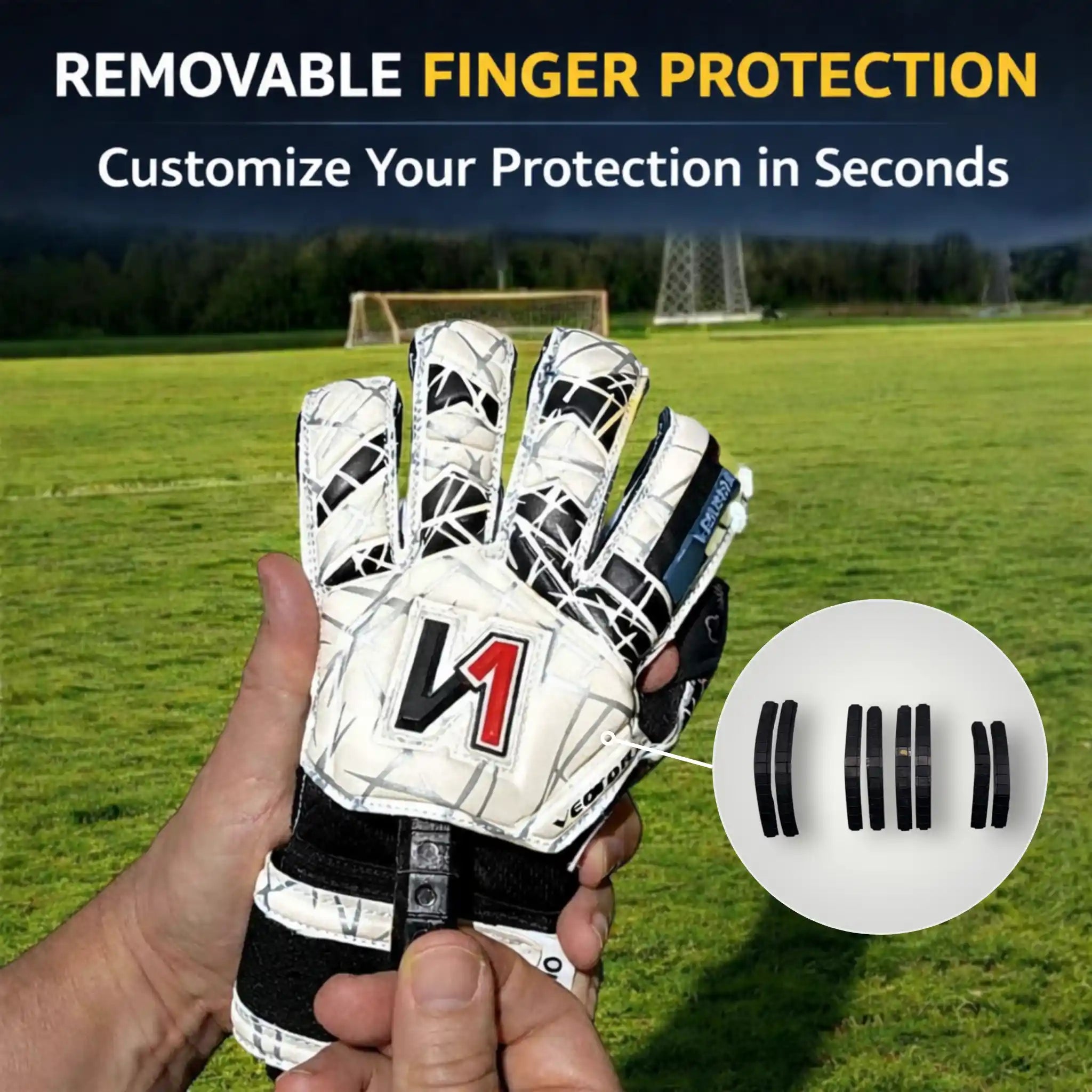 Hand holding a ONEKEEPER Vector Evolution white soccer glove with black patterns on a grassy field background