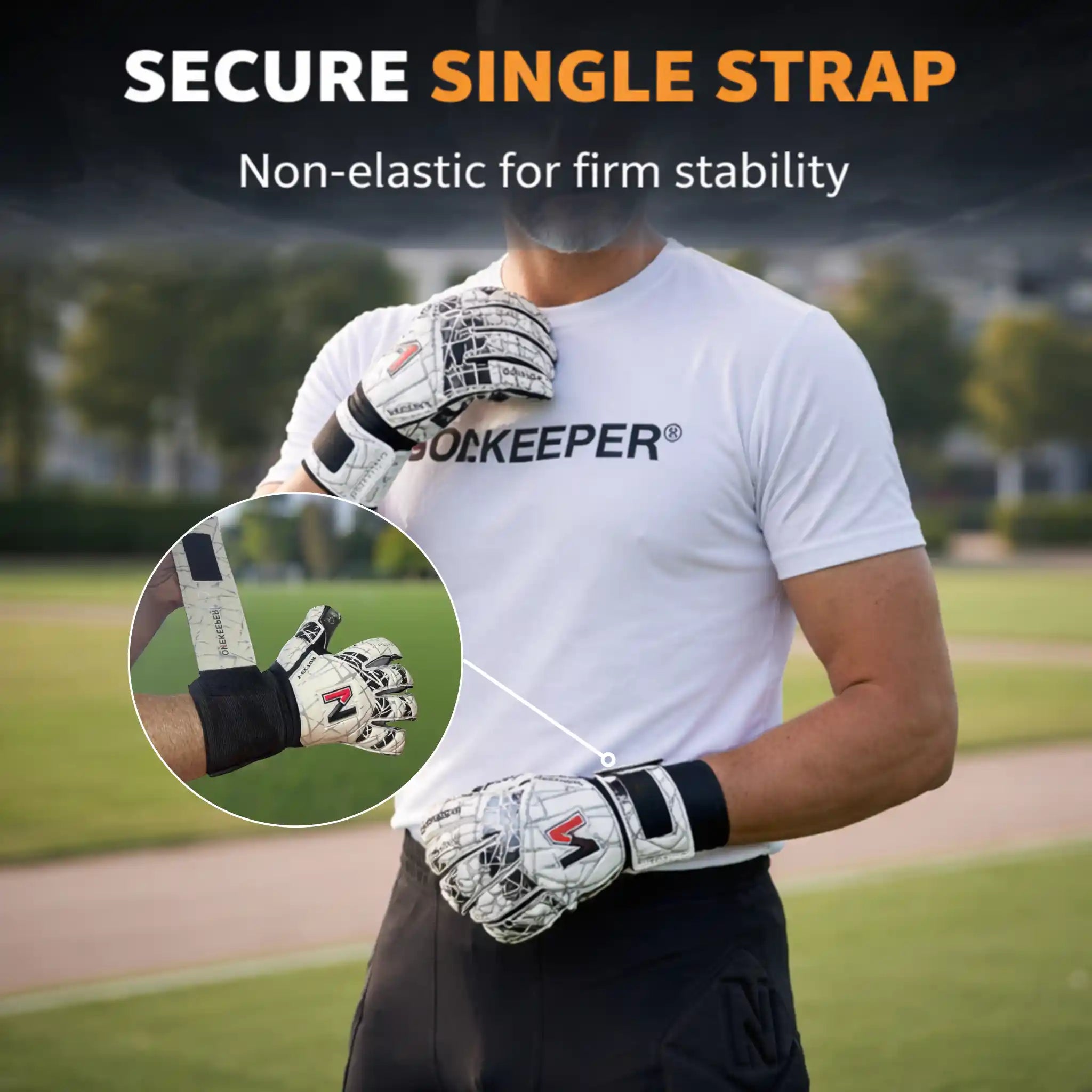 Person wearing ONEKEEPER Vector Evolution gloves with a focus on the secure single strap feature, set against an outdoor sports field background.