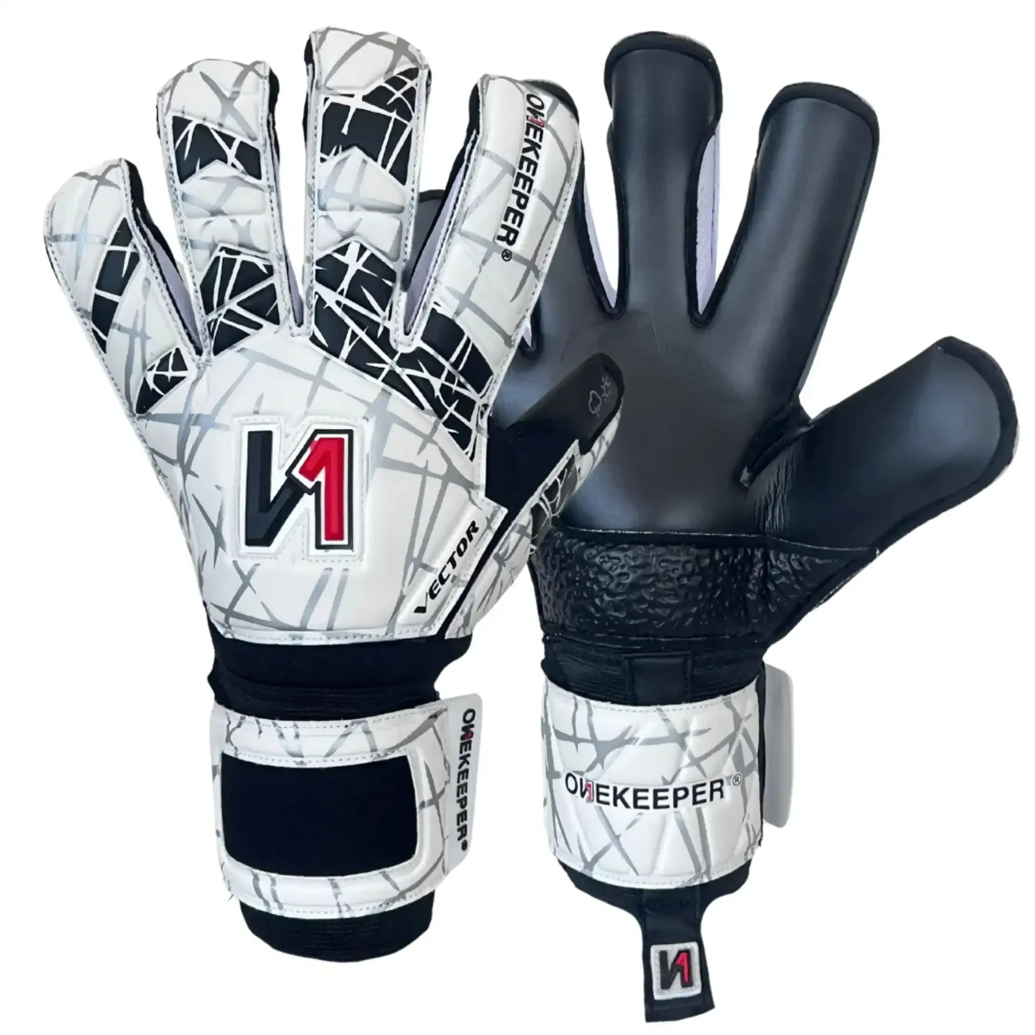 Pair of goalkeeper gloves with black and white design, featuring the Onekeeper brand.