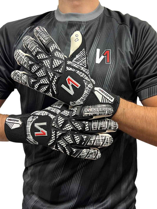 ONEKEEPER Finaty Black - Negative Cut Black and White Pro-Level Goalkeeper Gloves for Kids, Youth and Adults