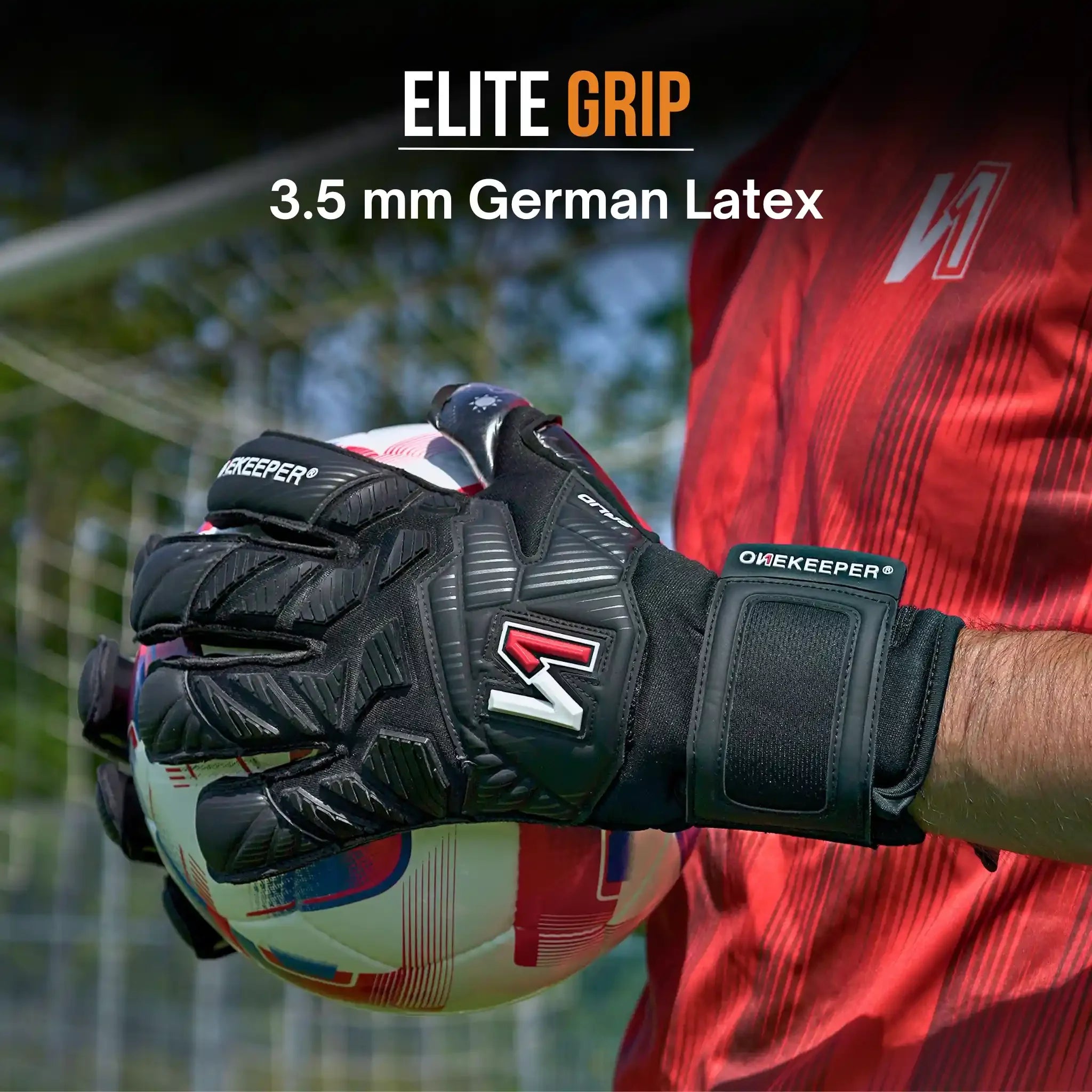 Elite grip goalkeeper gloves with 3.5mm German latex, holding soccer ball on field