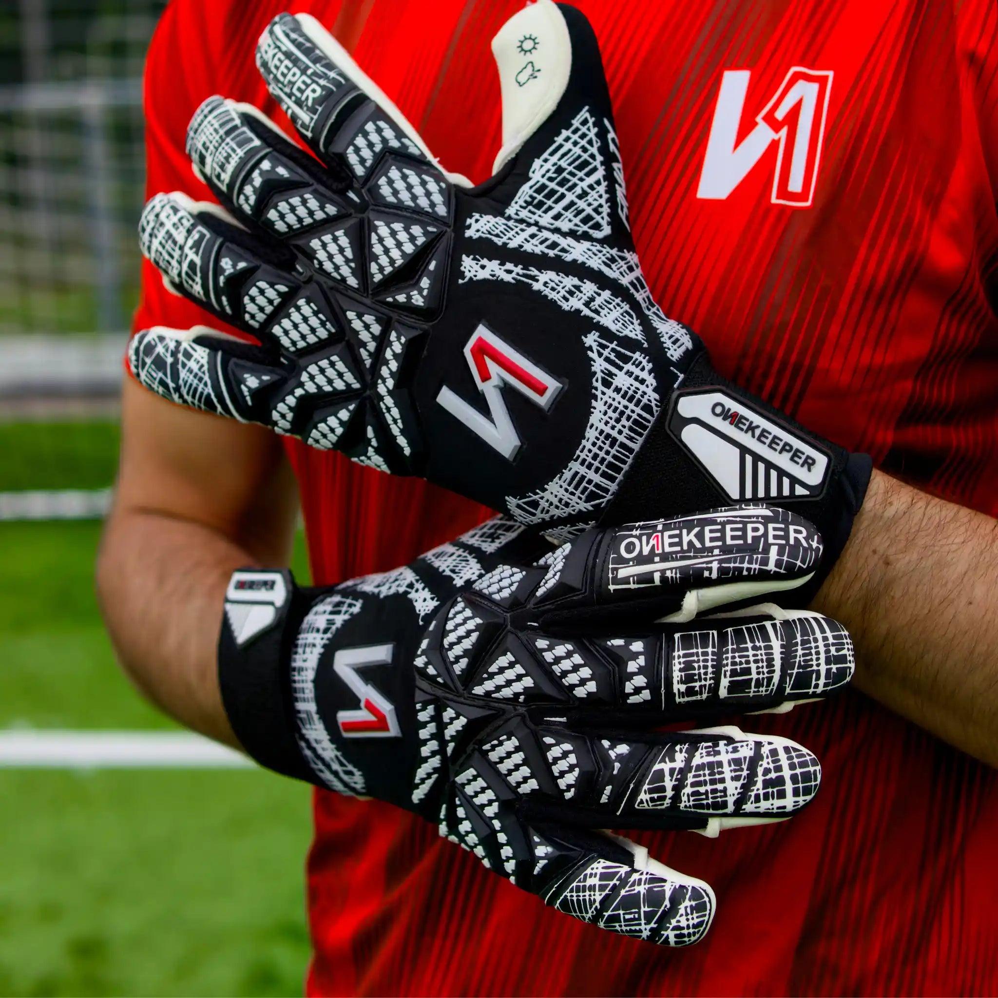 ONEKEEPER Finaty Black - Negative Cut Red and White Pro-Level Goalkeeper Gloves for Kids, Youth and Adults - ONEKEEPER USA