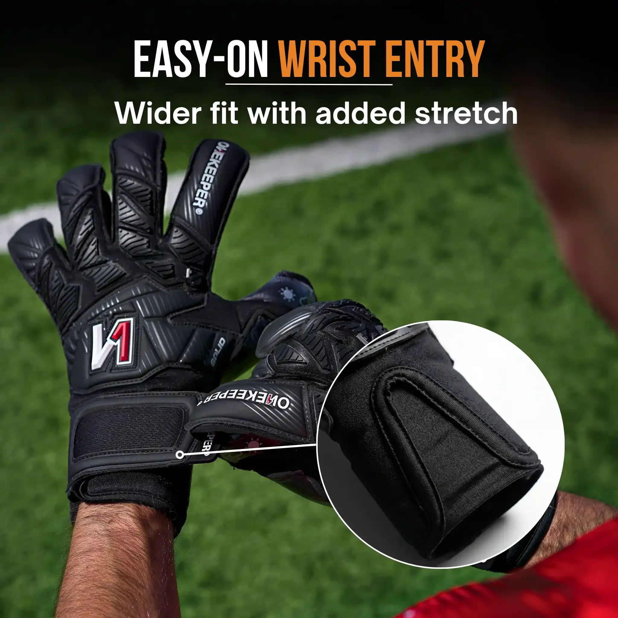 Black youth goalkeeper gloves with easy-on wrist entry and stretch fit for ages 6–16 on soccer field