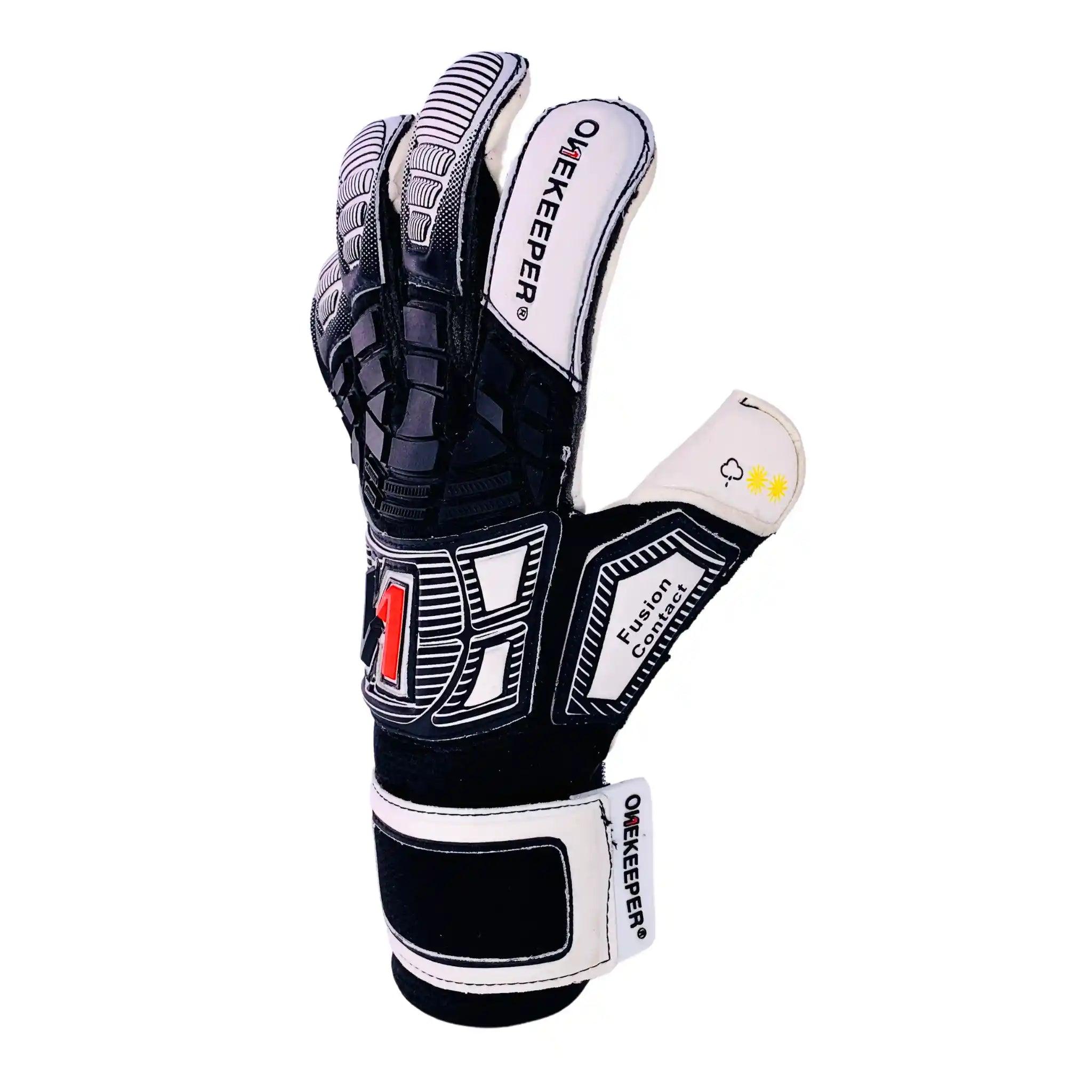 ONEKEEPER FUSION Contact Black - Black and White Hybrid Cut Pro-Level Goalkeeper Gloves - ONEKEEPER USA