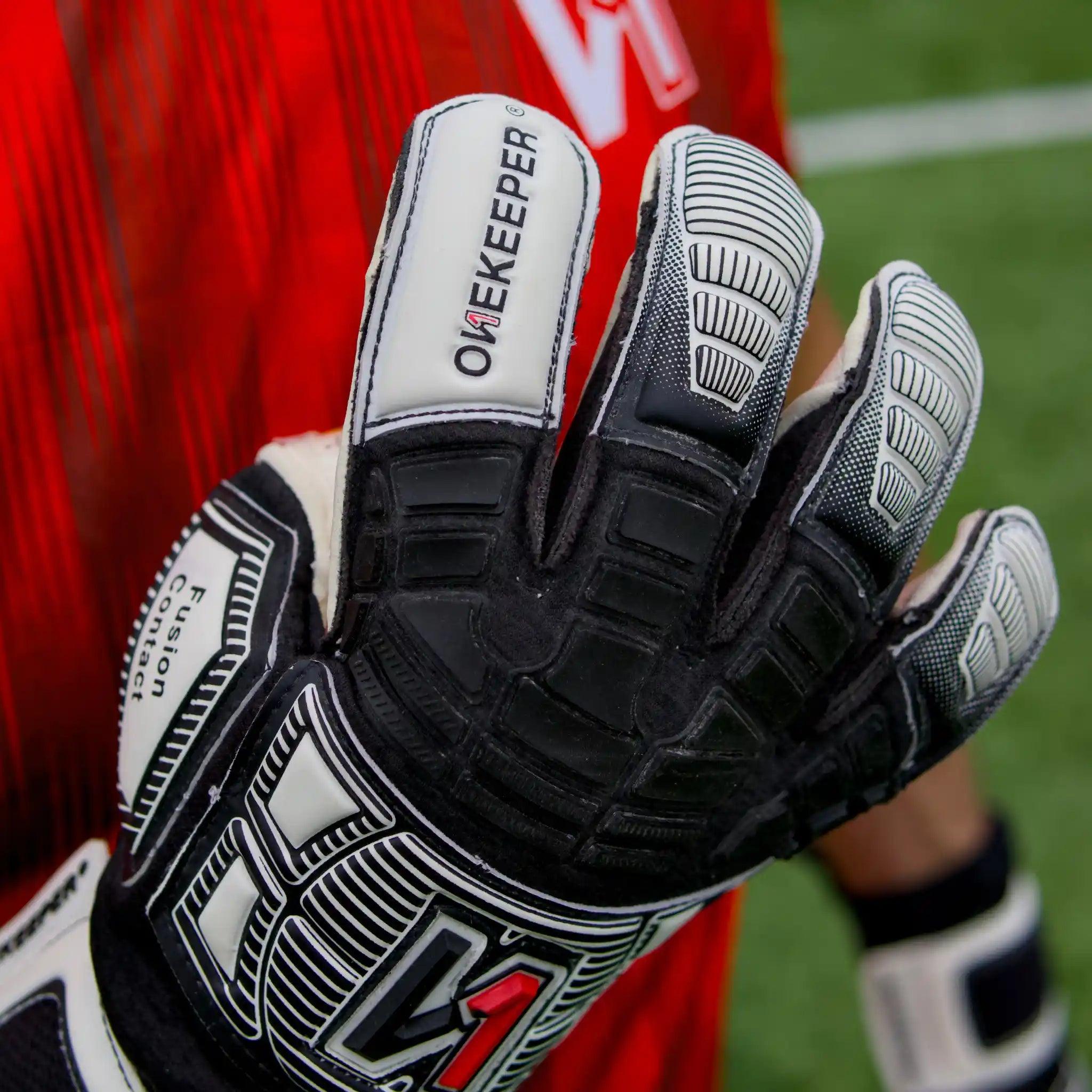 ONEKEEPER FUSION Contact Black - Black and White Hybrid Cut Pro-Level Goalkeeper Gloves - ONEKEEPER USA