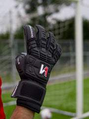 ONEKEEPER Solid Black Hybrid Cut Pro-Level Goalkeeper Gloves with Removable Finger-Save Spines for Soccer & Futsal, Unisex for All Ages (Spines Not Included)