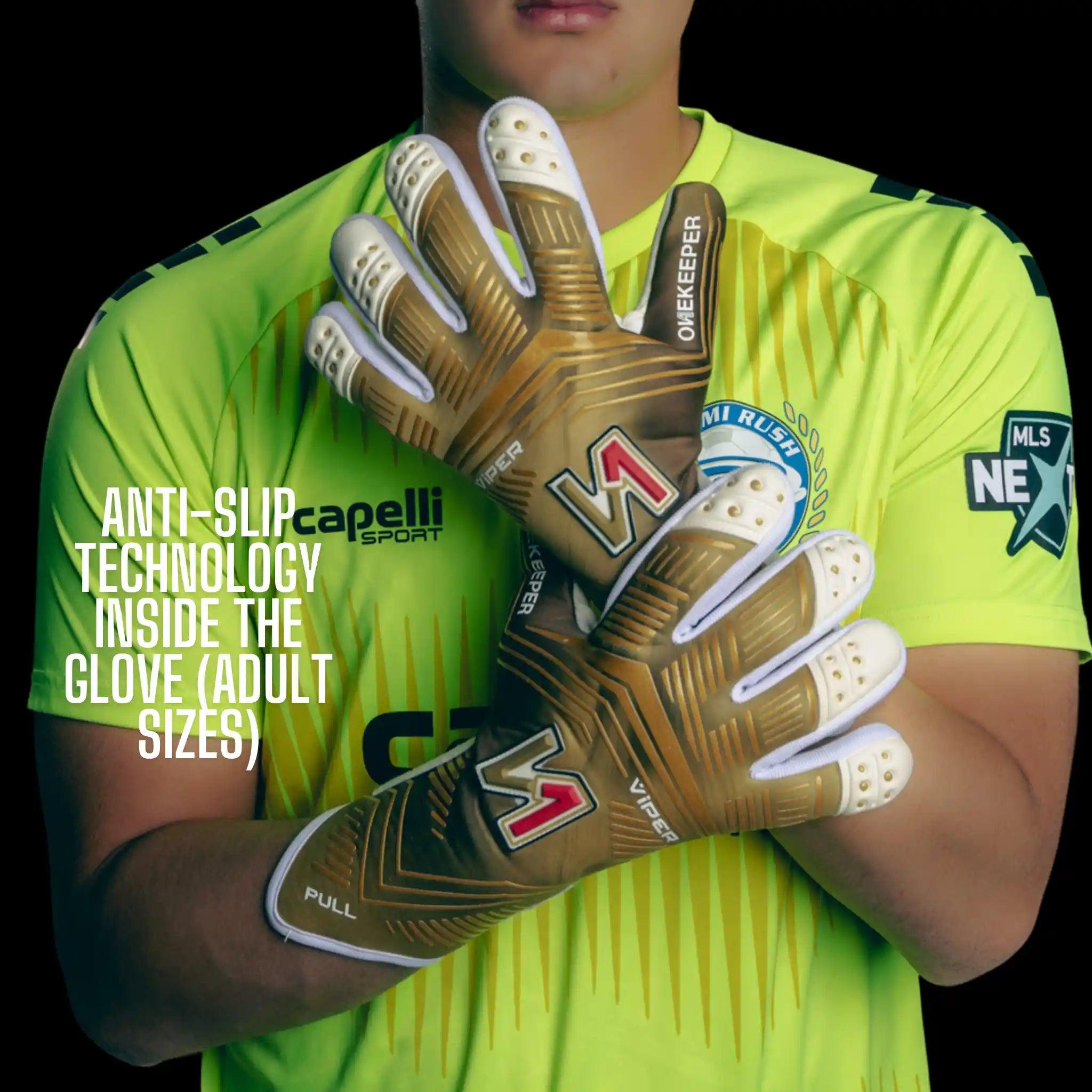 ONEKEEPER Viper Gold and White - Strap or Strapless Negative Cut Pro-Level Goalkeeper Gloves for Kids, Youth and Adults - ONEKEEPER USA