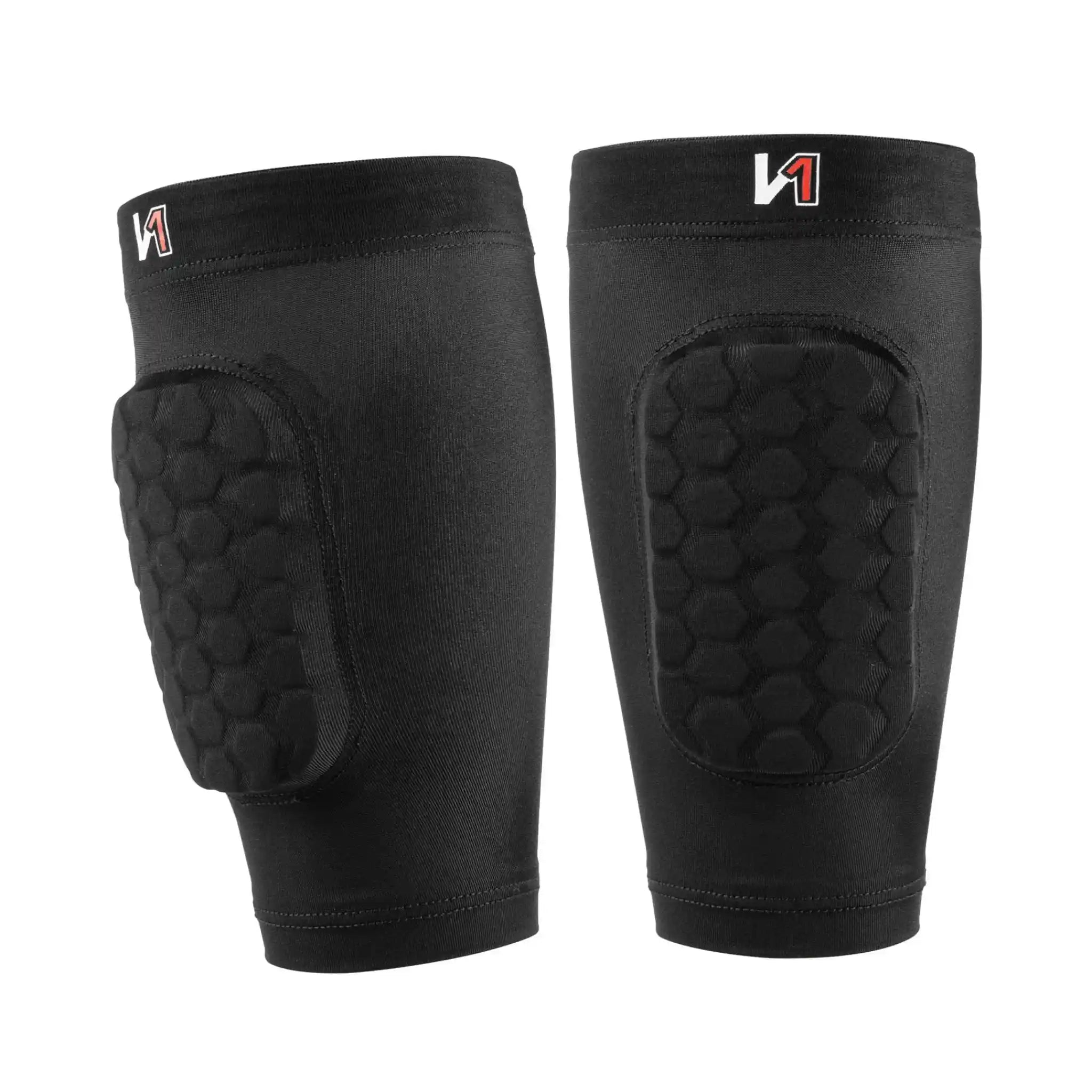 A pair of black knee pads with integrated hexagonal foam padding on the front, shown against a plain white background.
