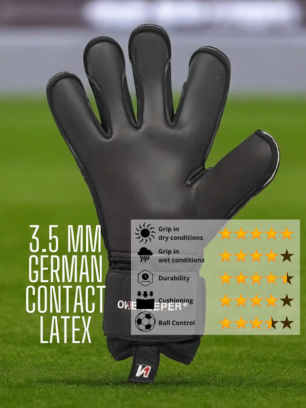 ONEKEEPER Solid Black Hybrid Cut Pro-Level Goalkeeper Gloves with Removable Finger-Save Spines for Soccer & Futsal, Unisex for All Ages (Spines Not Included)