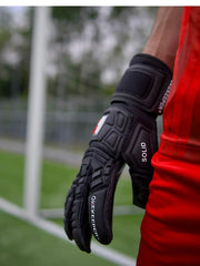 ONEKEEPER Solid Black Hybrid Cut Pro-Level Goalkeeper Gloves with Removable Finger-Save Spines for Soccer & Futsal, Unisex for All Ages (Spines Not Included)