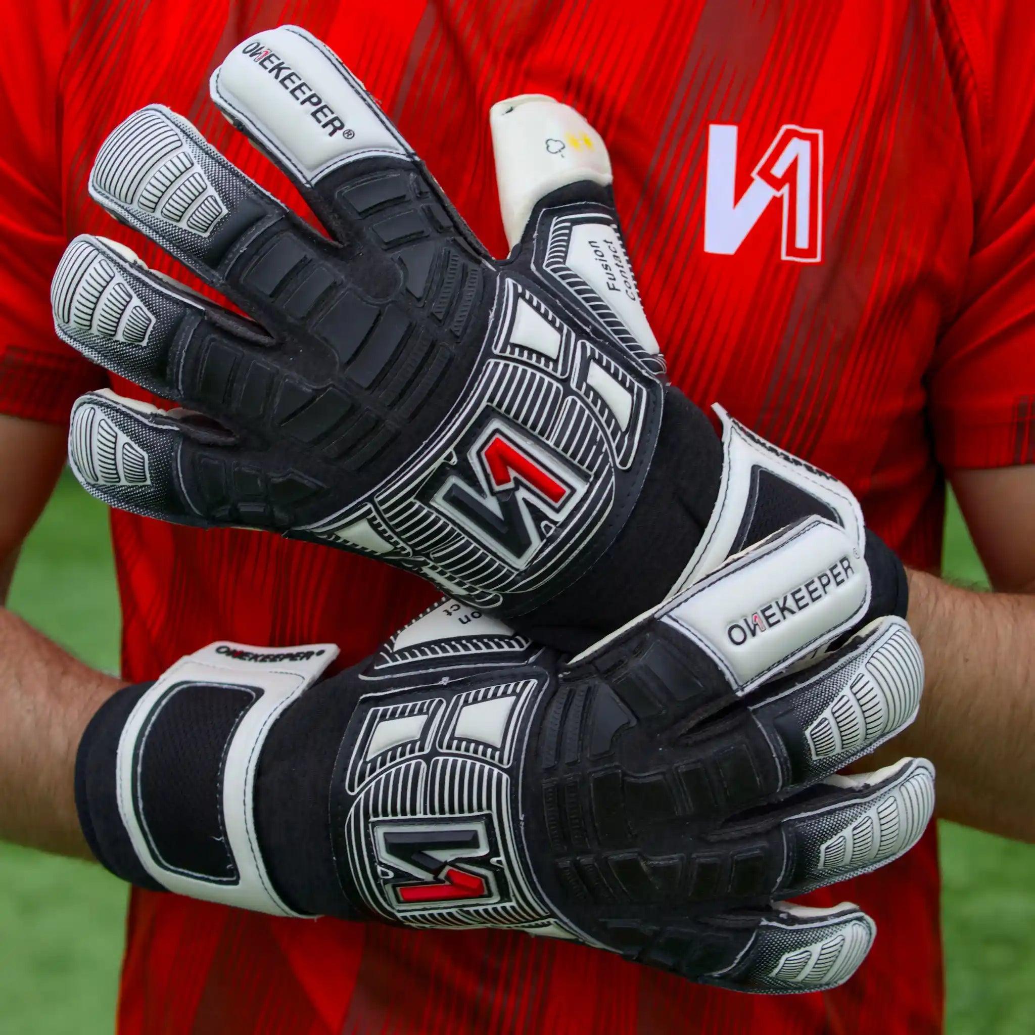 ONEKEEPER FUSION Contact Black - Black and White Hybrid Cut Pro-Level Goalkeeper Gloves - ONEKEEPER USA