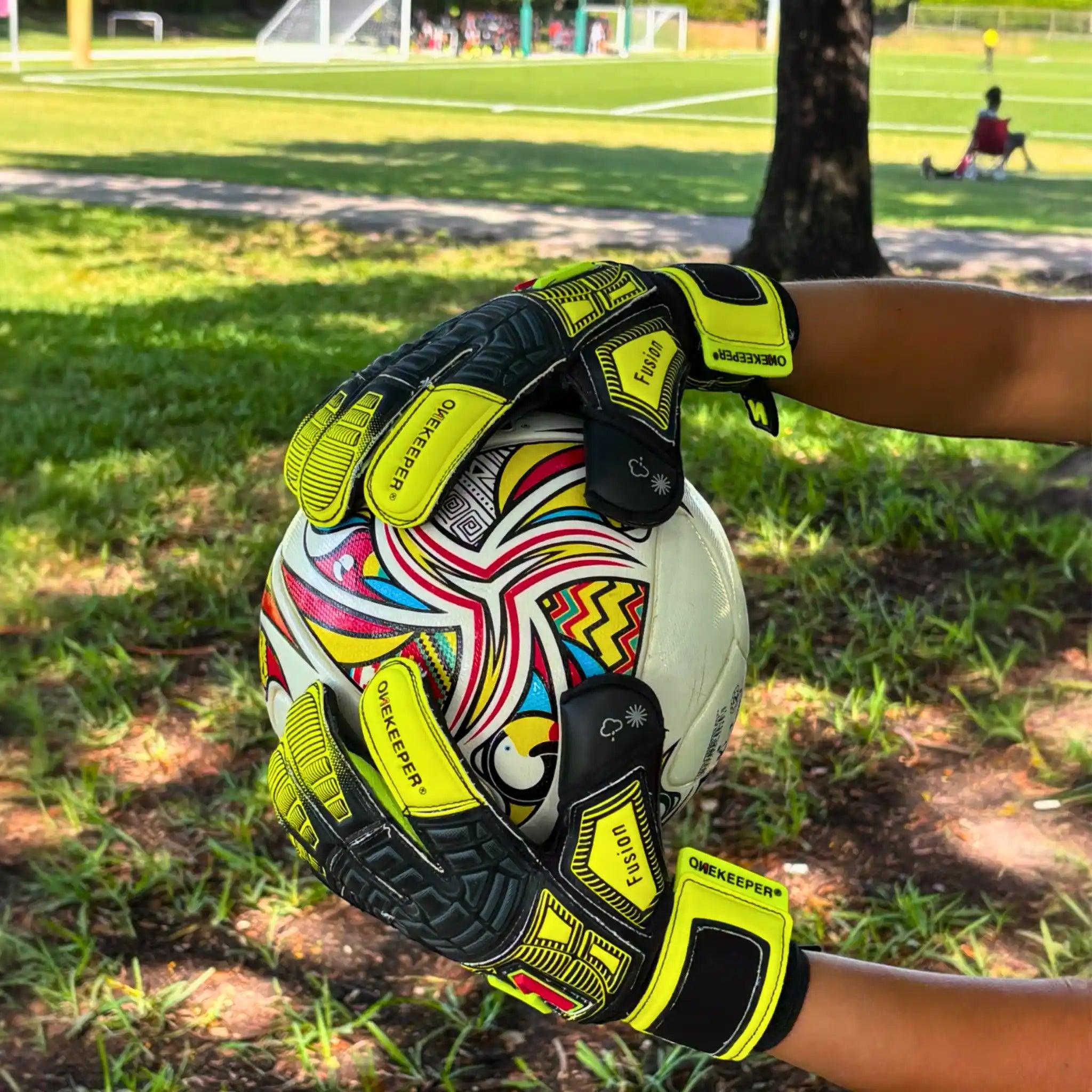 ONEKEEPER FUSION Junior - Yellow & Black | Semi Pro-Level Goalkeeper Gloves | Removable Fingersaves - ONEKEEPER USA