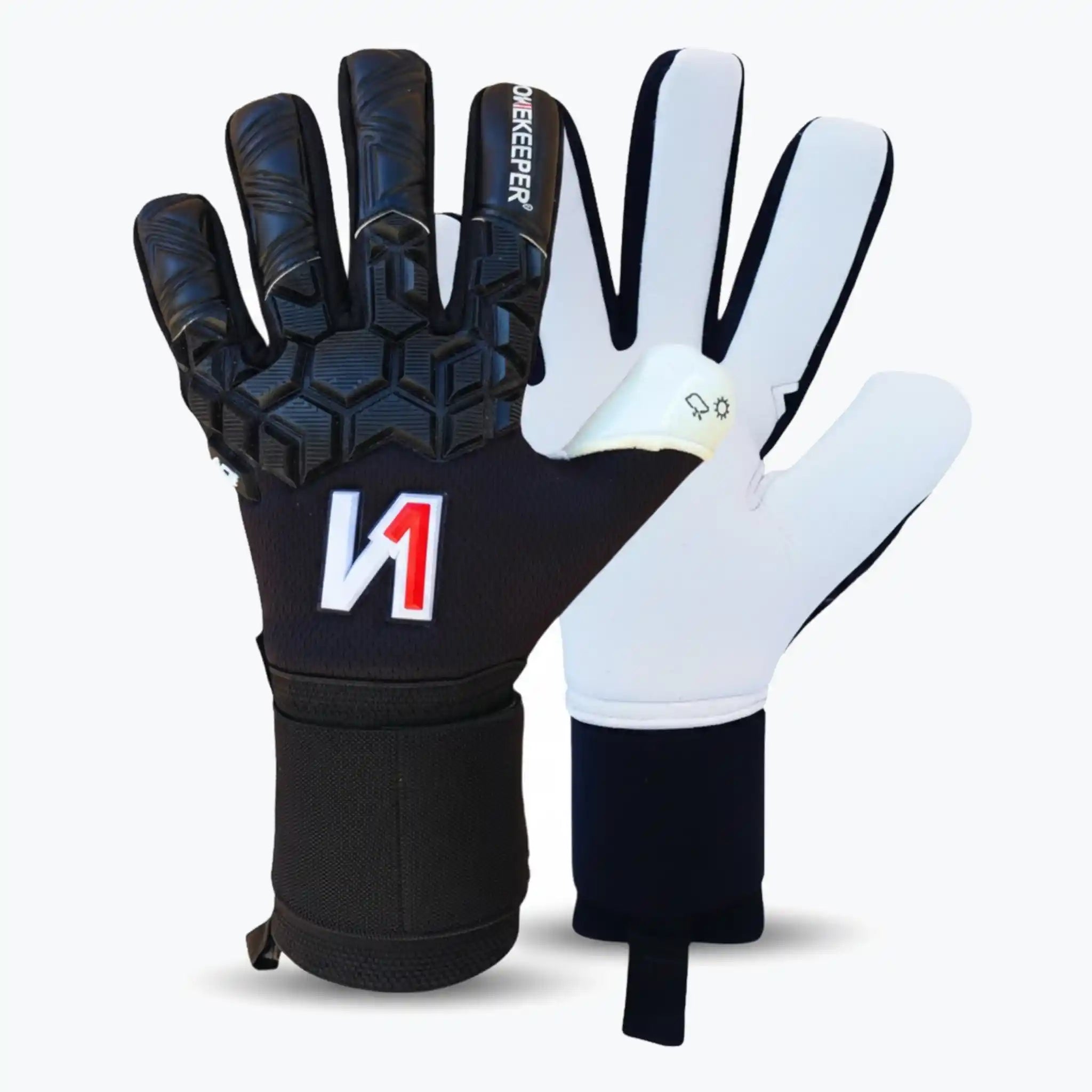 Pair of ONEKEEPER black and white goalkeeper gloves with brand logo on a white background