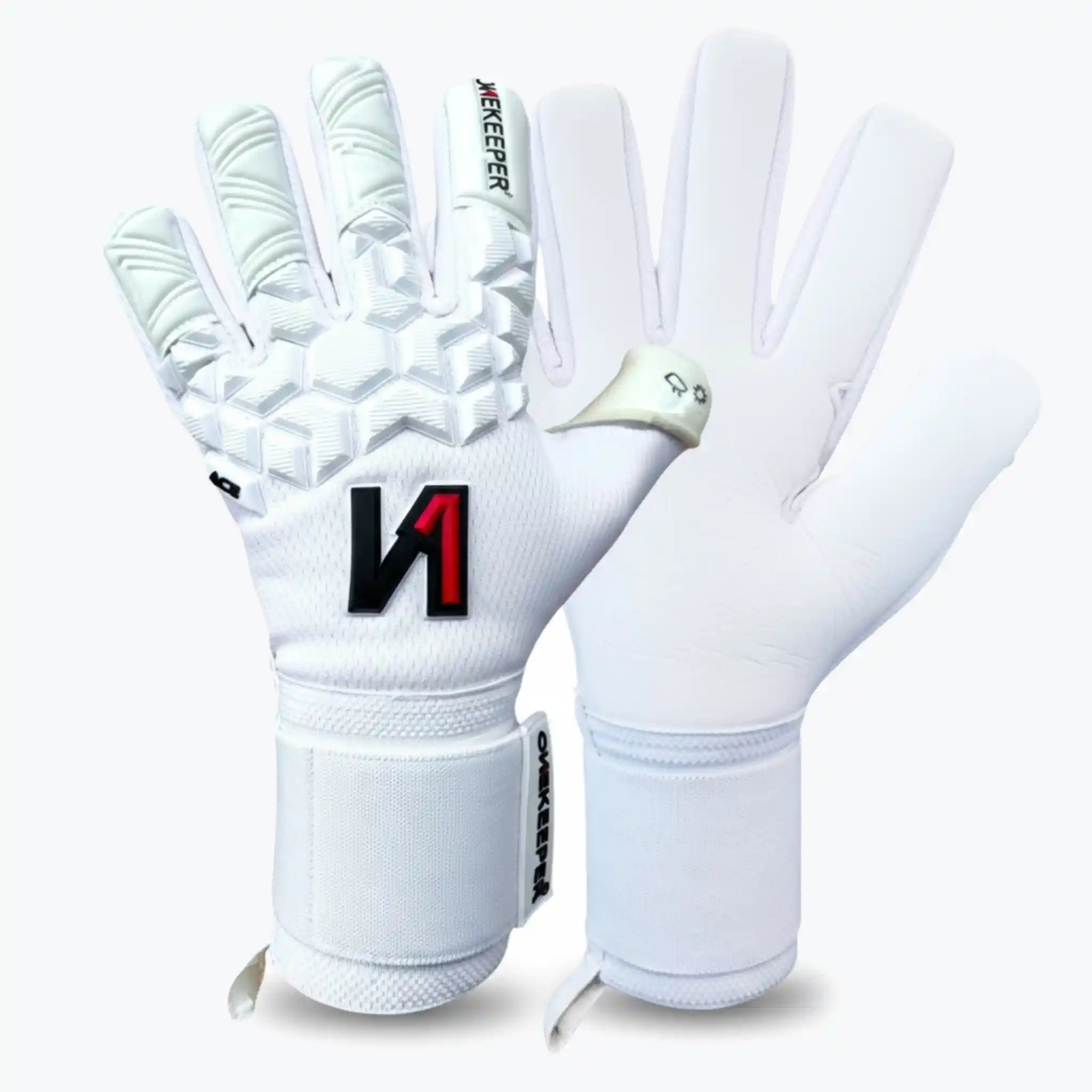 A pair of ONEKEEPER ACE white goalkeeper gloves shown against a light gray background, displaying both the palm side with textured grip patterns and the back side with a large black and red 'M1' logo.
