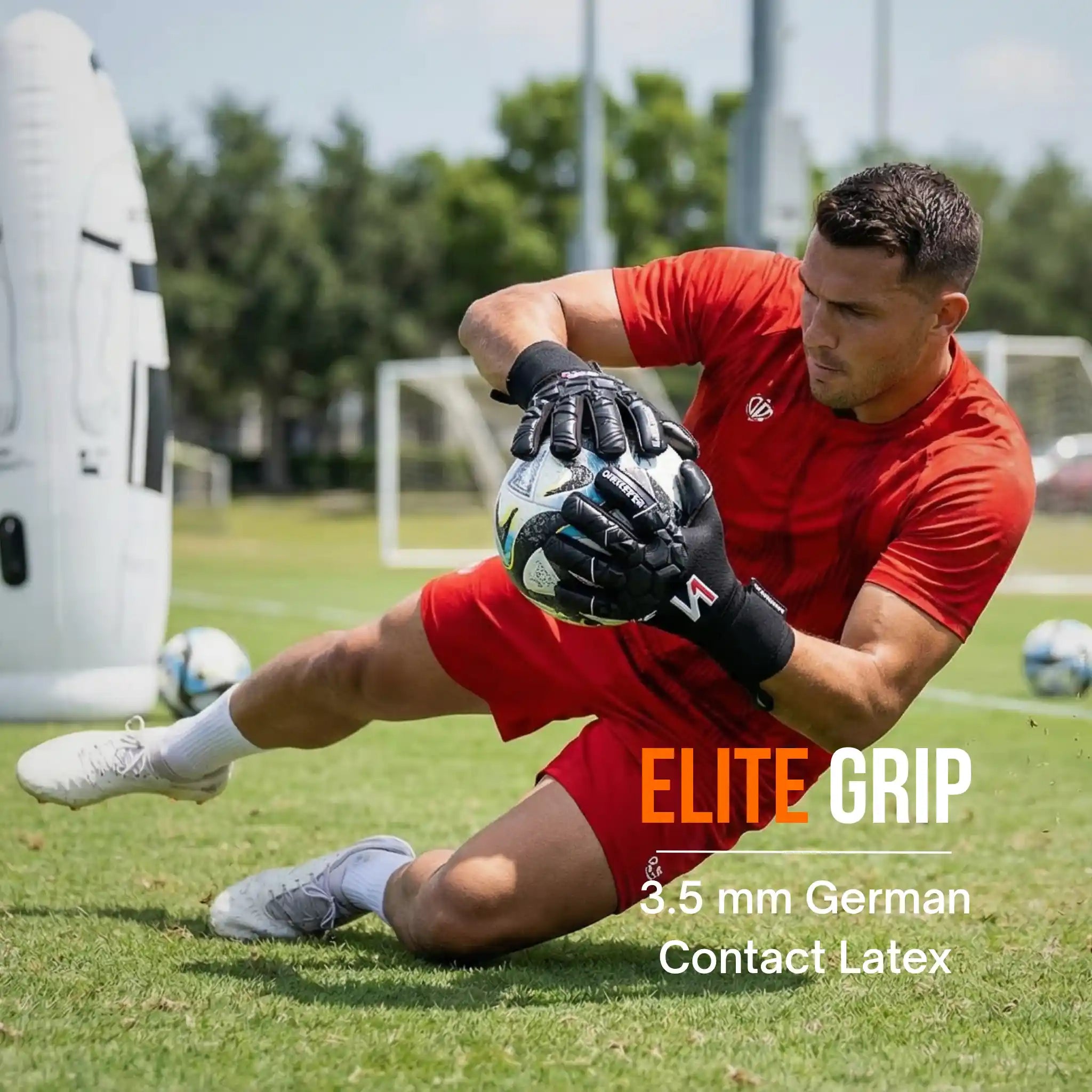 Person in red sports uniform with a onekeeper ace black gloves on a grassy field, promoting 'Elite Grip' gloves.