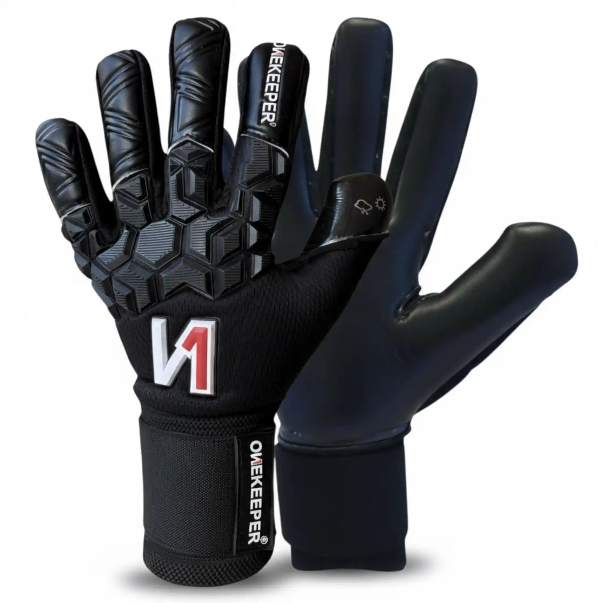 ONEKEEPER ACE Black goalkeeper gloves with brand logos on a white background