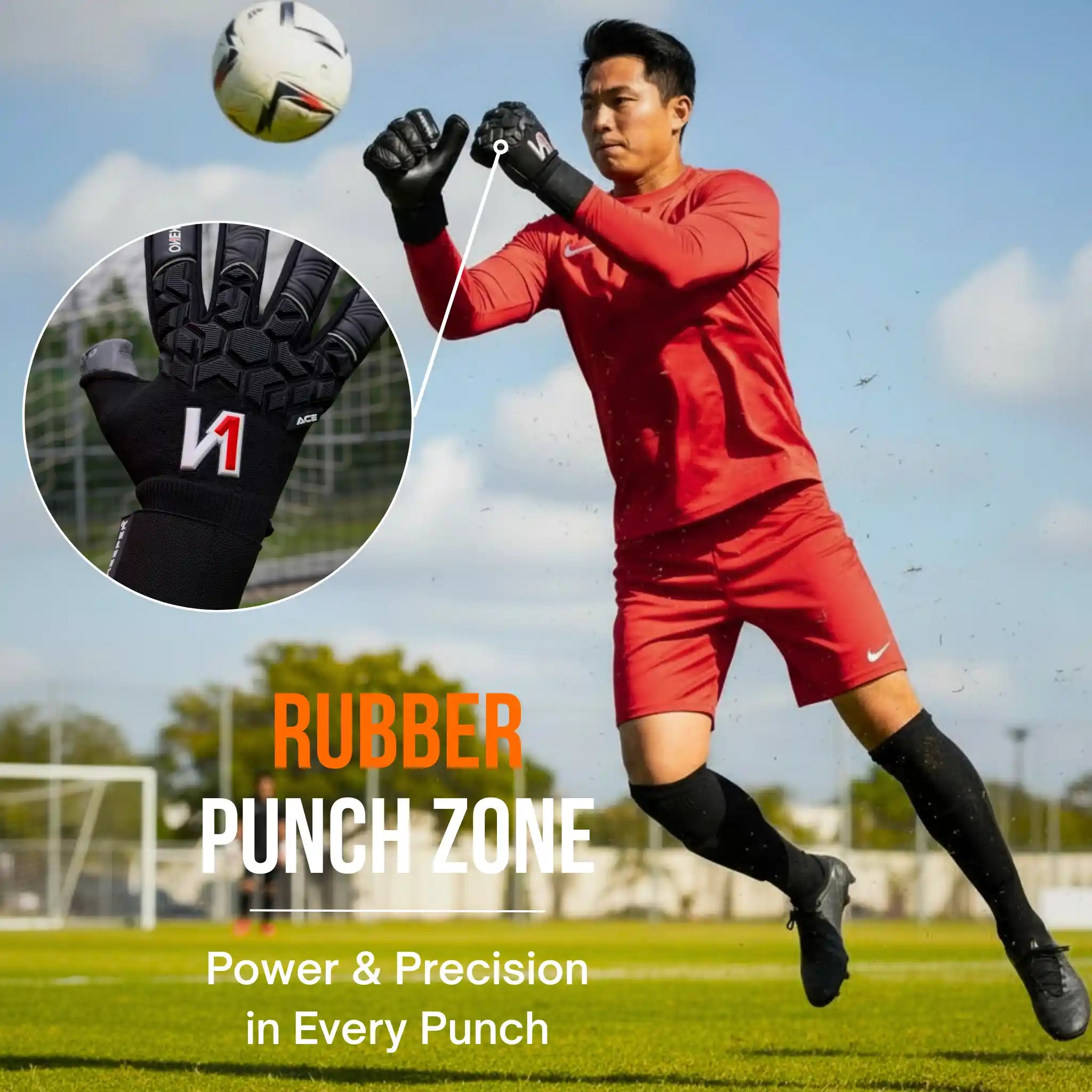Soccer goalkeeper in red uniform with a onekeeper ace black gloves catching a ball, with inset of gloves and text about 'Rubber Punch Zone'.