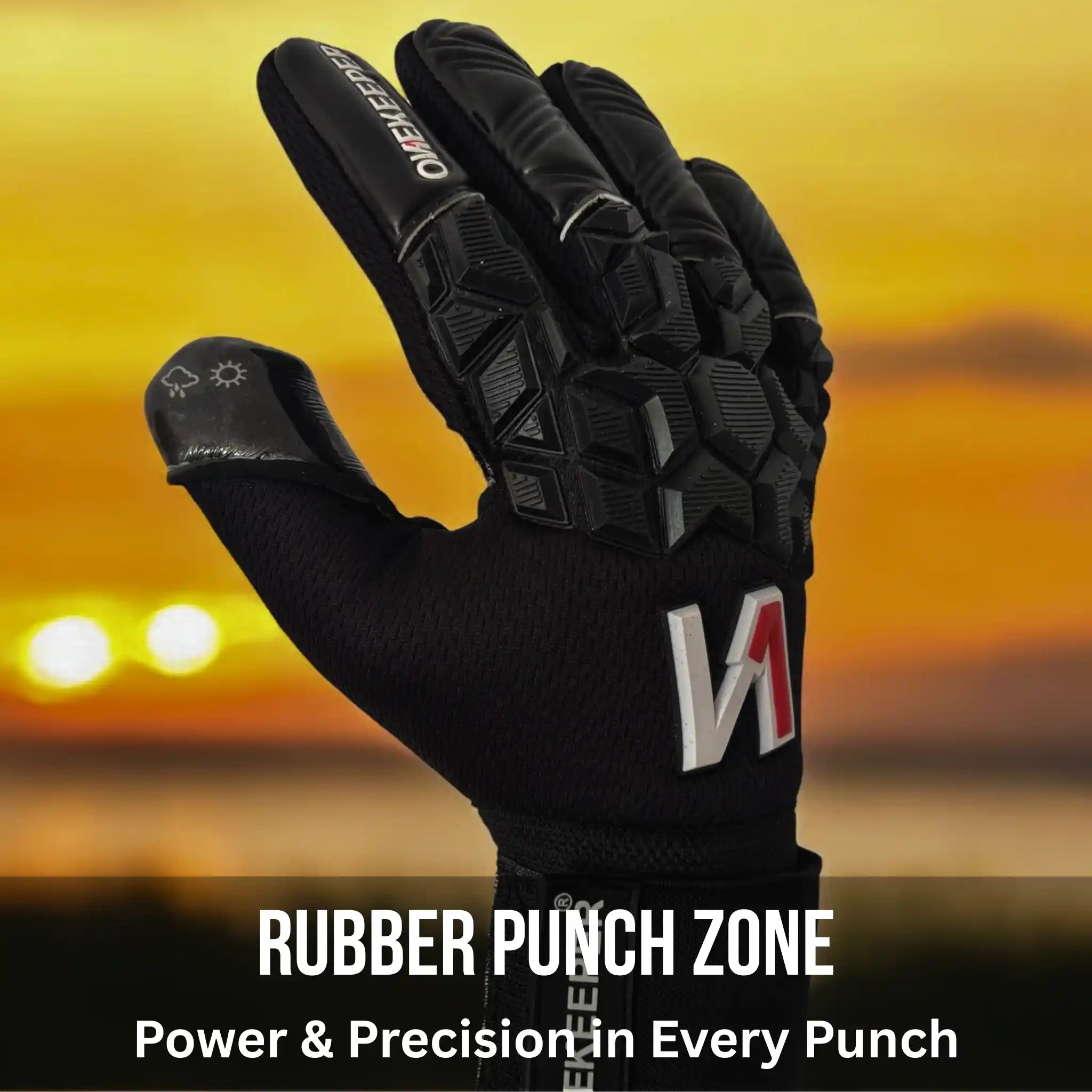 ONEKEEPER ACE Black goalkeeper glove with a brand logo on an orange background