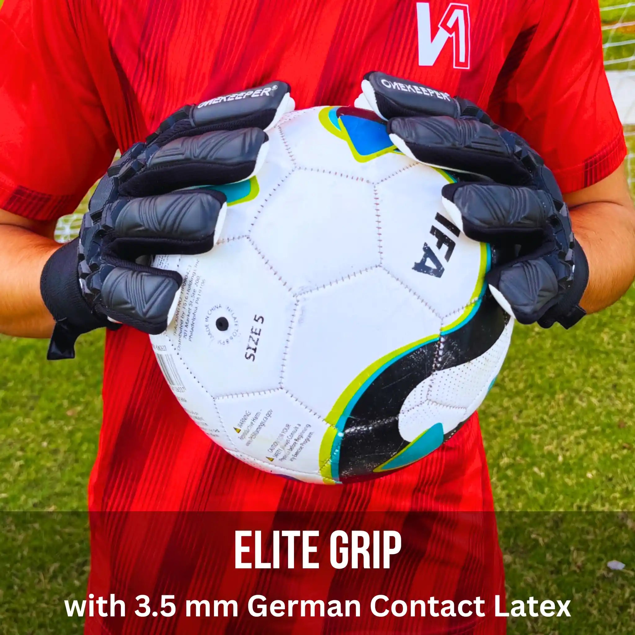 Person holding a soccer ball with ONEKEEPER ACE black and white gloves on a grass field, featuring 'Elite Grip' text.