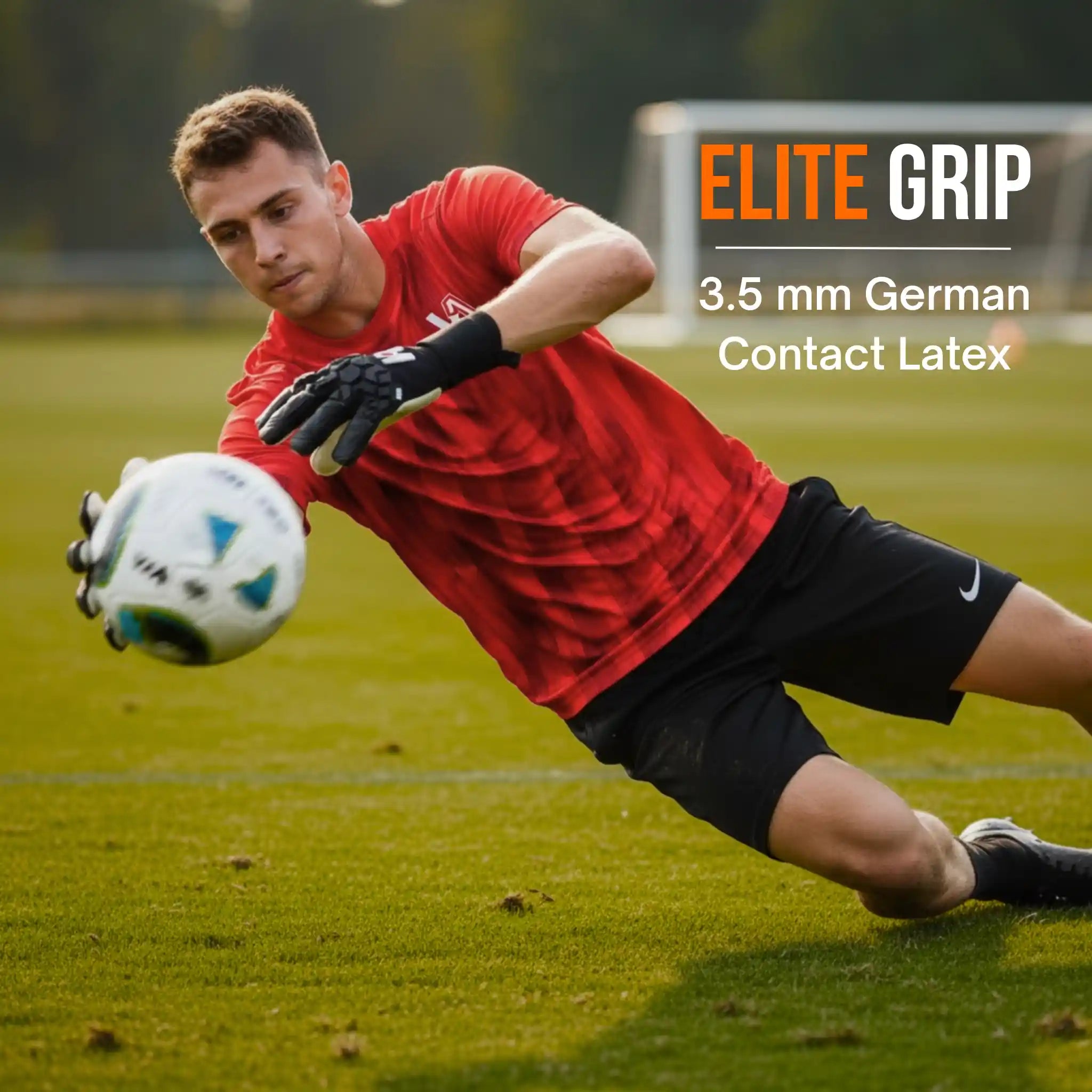 Person in red shirt and ONEKEEPER ACE black and white gloves diving for a soccer ball on a field with 'Elite Grip' branding.