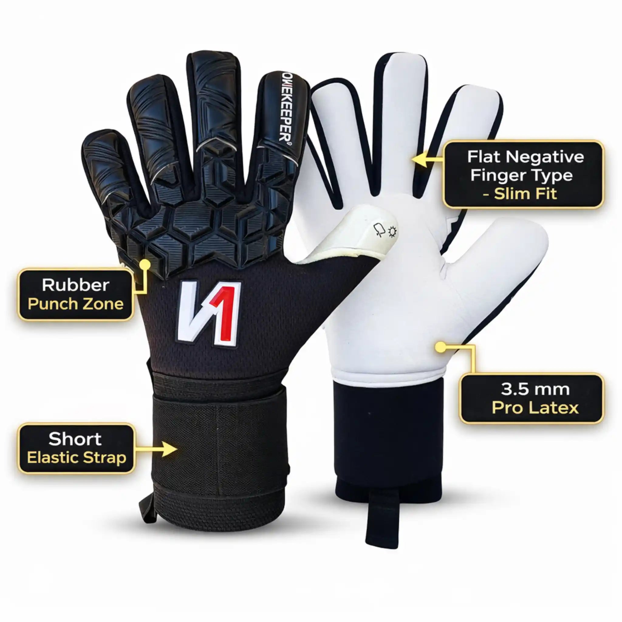 Pair of ACE ONEKEEPER black and white gloves with feature labels on a white background