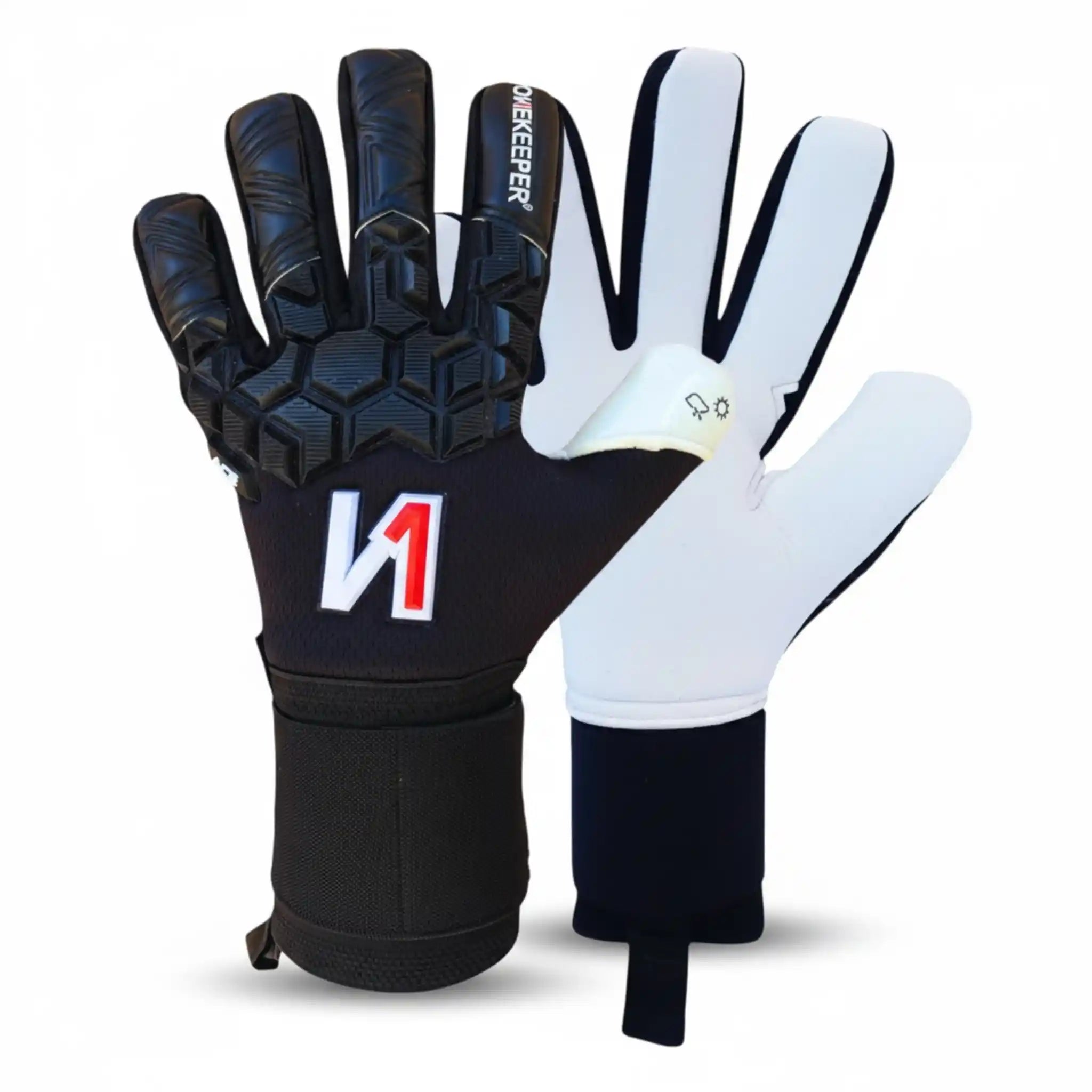 Pair of ONEKEEPER ACE black and white goalkeeper gloves with brand logo on a white background