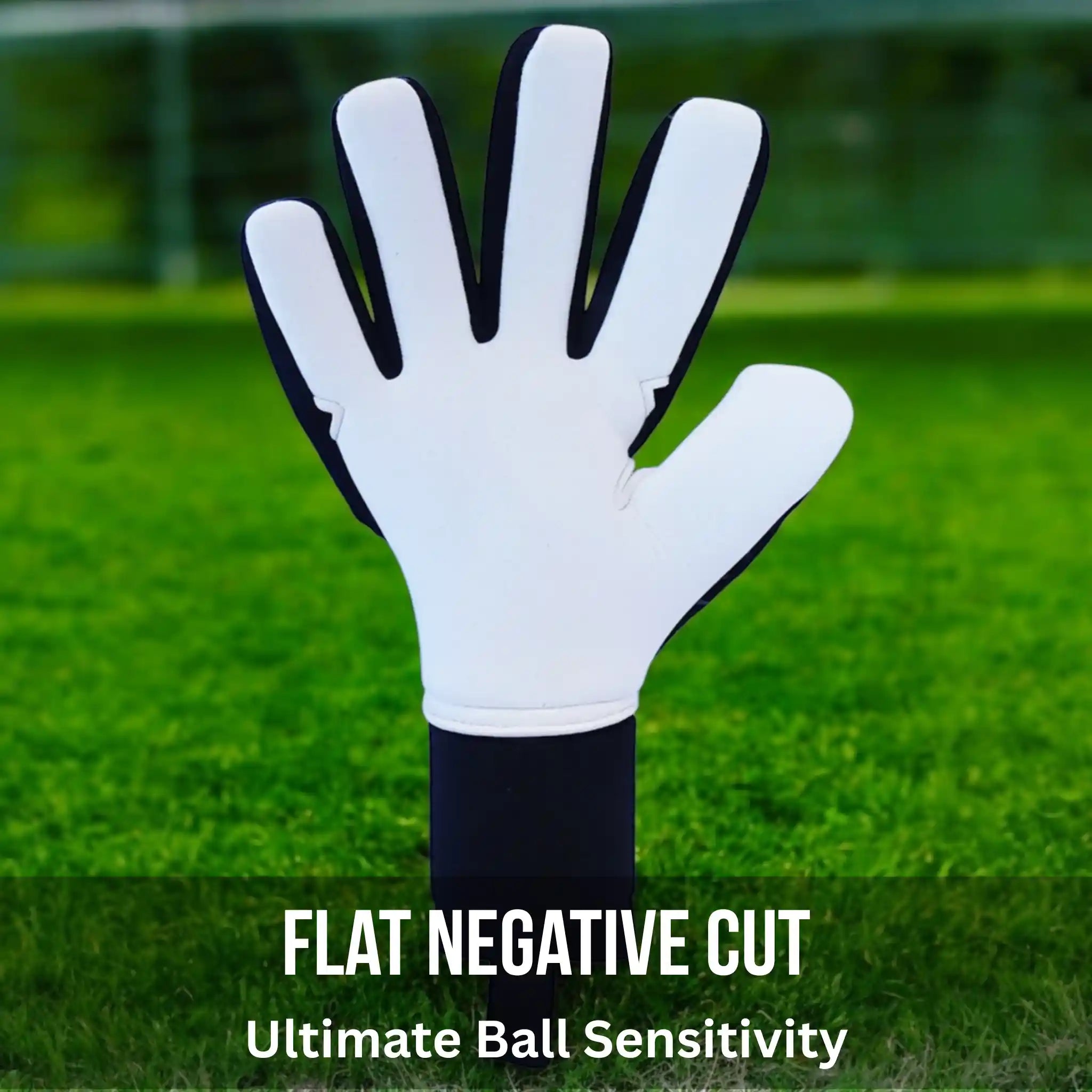 ONEKEEPER ACE Black and White goalkeeper glove with black accents on a grass background, labeled 'Flat Negative Cut' and 'Ultimate Ball Sensitivity'.