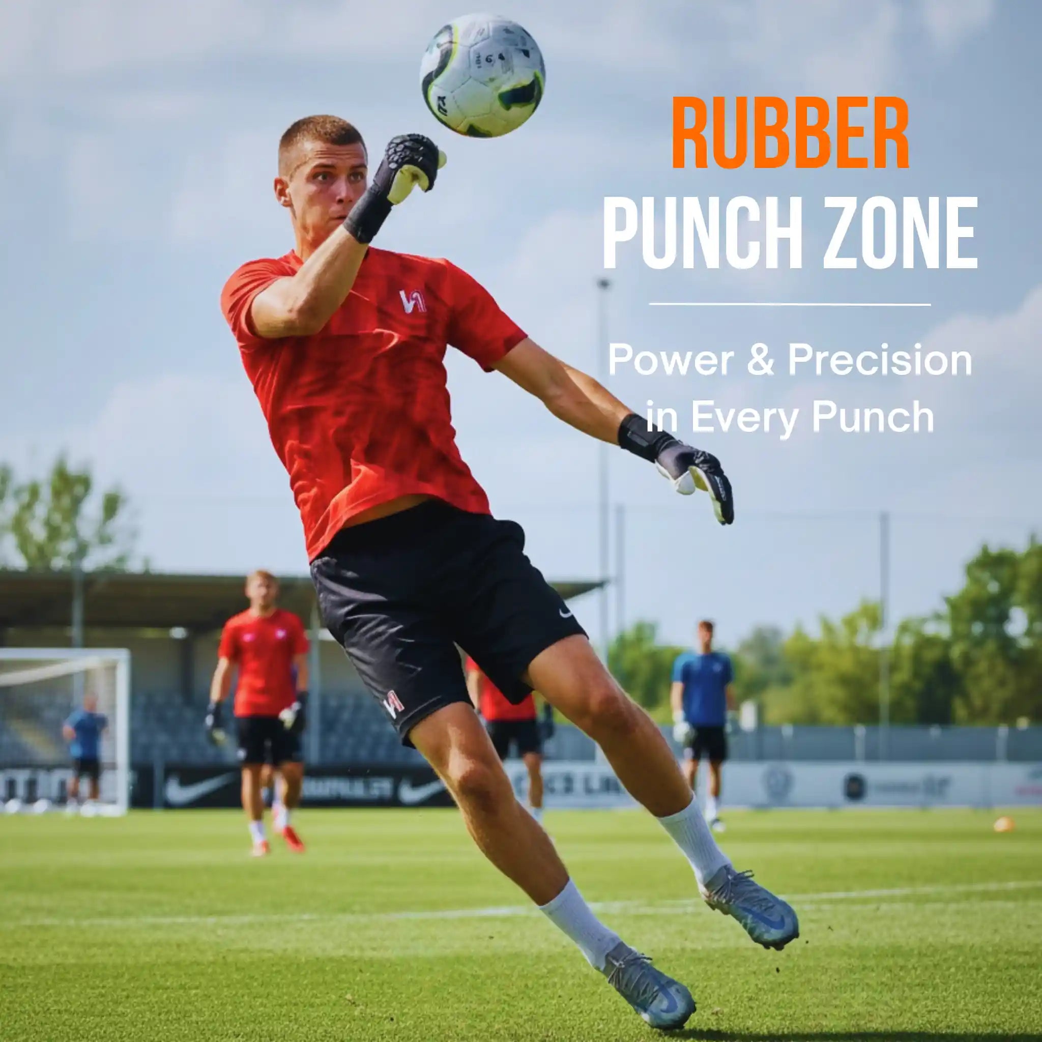 Person playing soccer on a field with a ONEKEEPER ACE Black and White 'Rubber Punch Zone' text overlay.