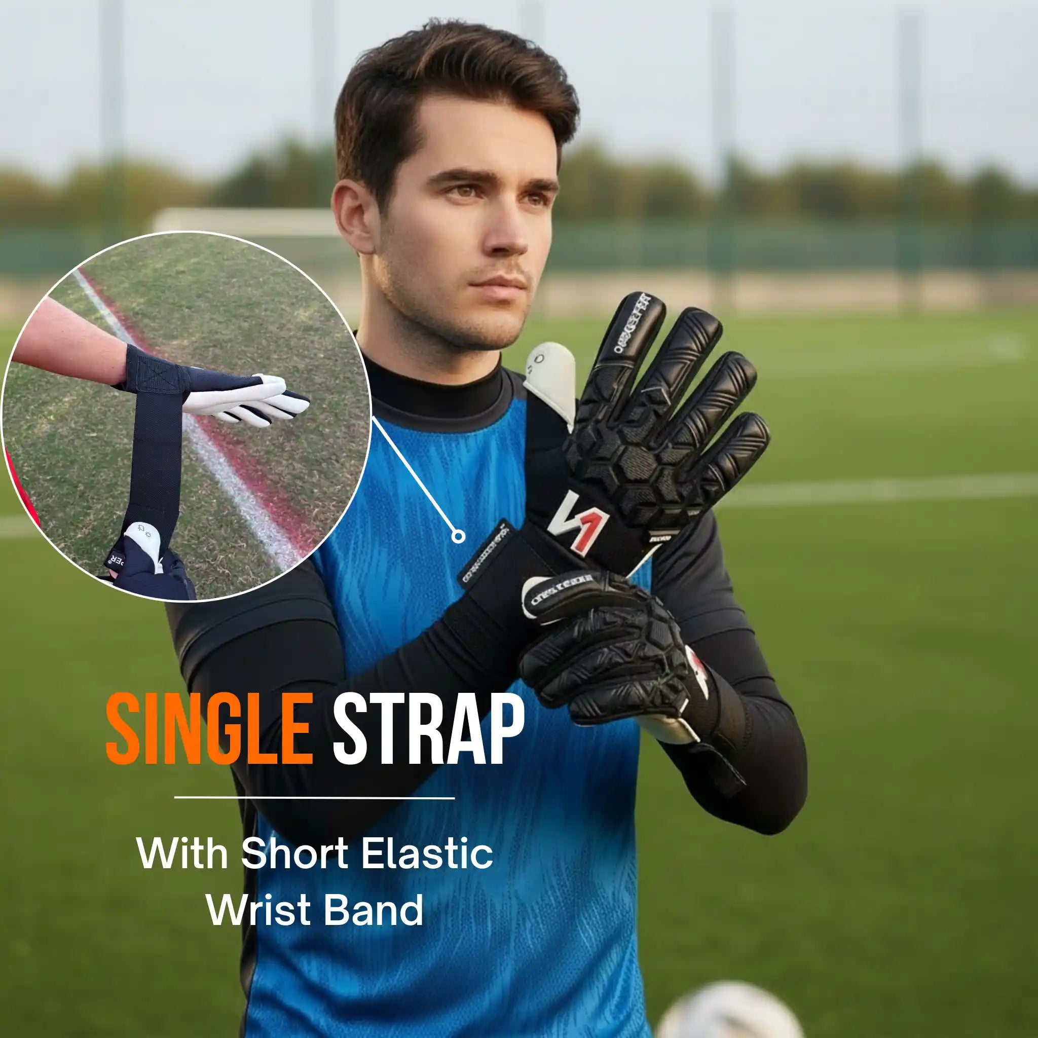 Man wearing a ONEKEEPER ACE Black and White goalkeeper gloves with a focus on the single strap design on a sports field.
