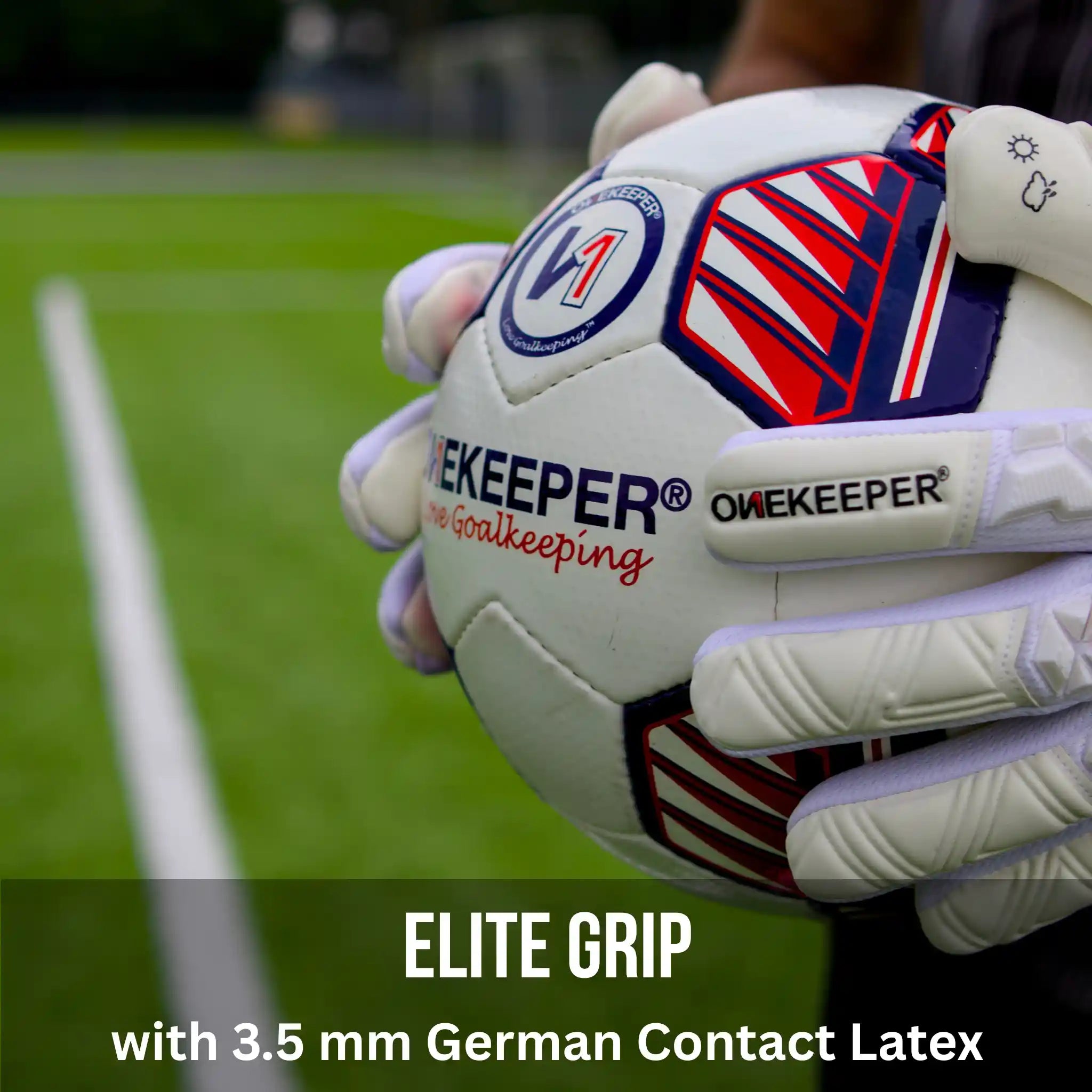 ONEKEEPER ACE WHITE Goalkeeper glove holding a soccer ball with 'ONEKEEPER' branding on a grass field.