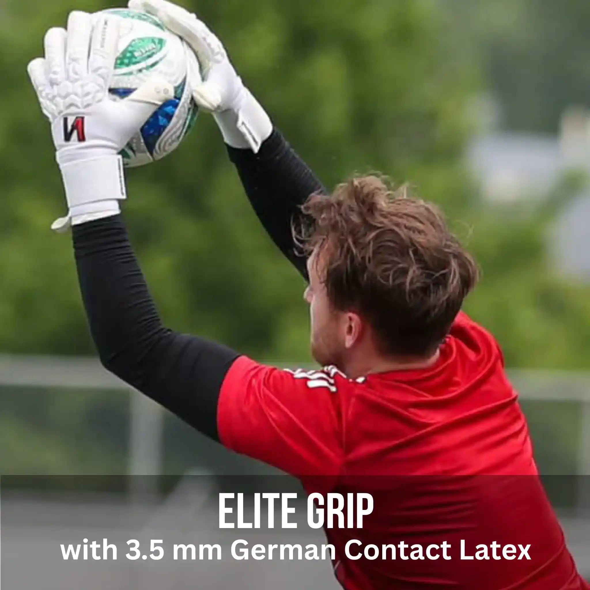 Person in red sports jersey and ONEKEEPER ACE white gloves catching a soccer ball with text about elite grip and German contact latex.