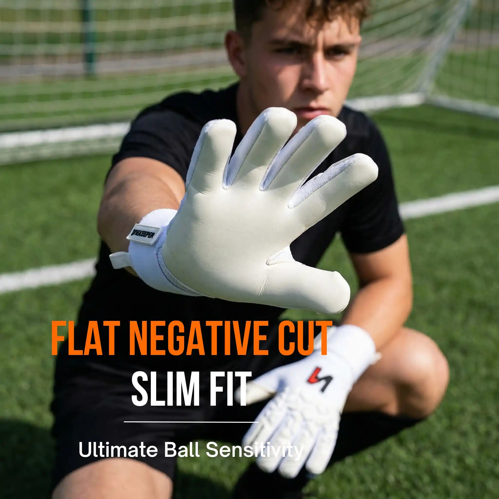 Person wearing a onekeeper ace white gloves with text about glove features on a soccer field.