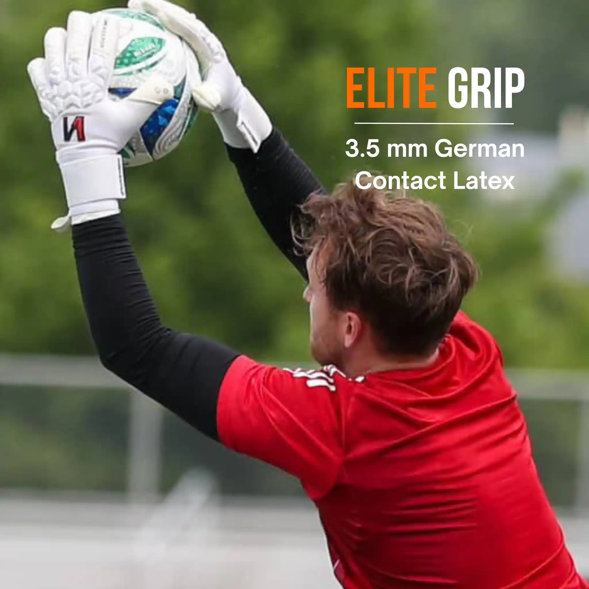 Person wearing a ONEKEEPER ACE White goalkeeper gloves catching a soccer ball with 'Elite Grip' text overlay.