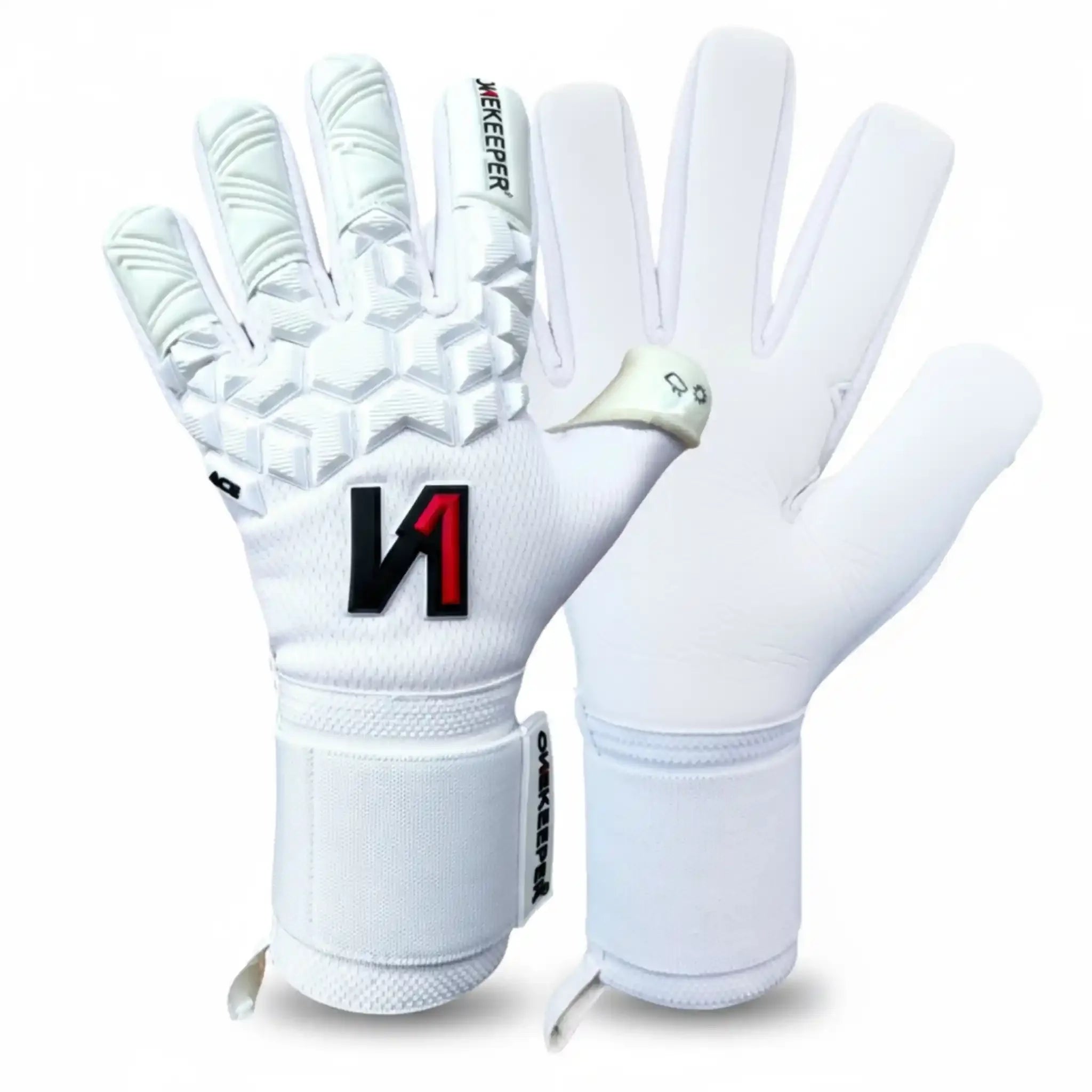 ONEKEEPER USA premium white goalkeeper gloves with textured backhand and wrist strap