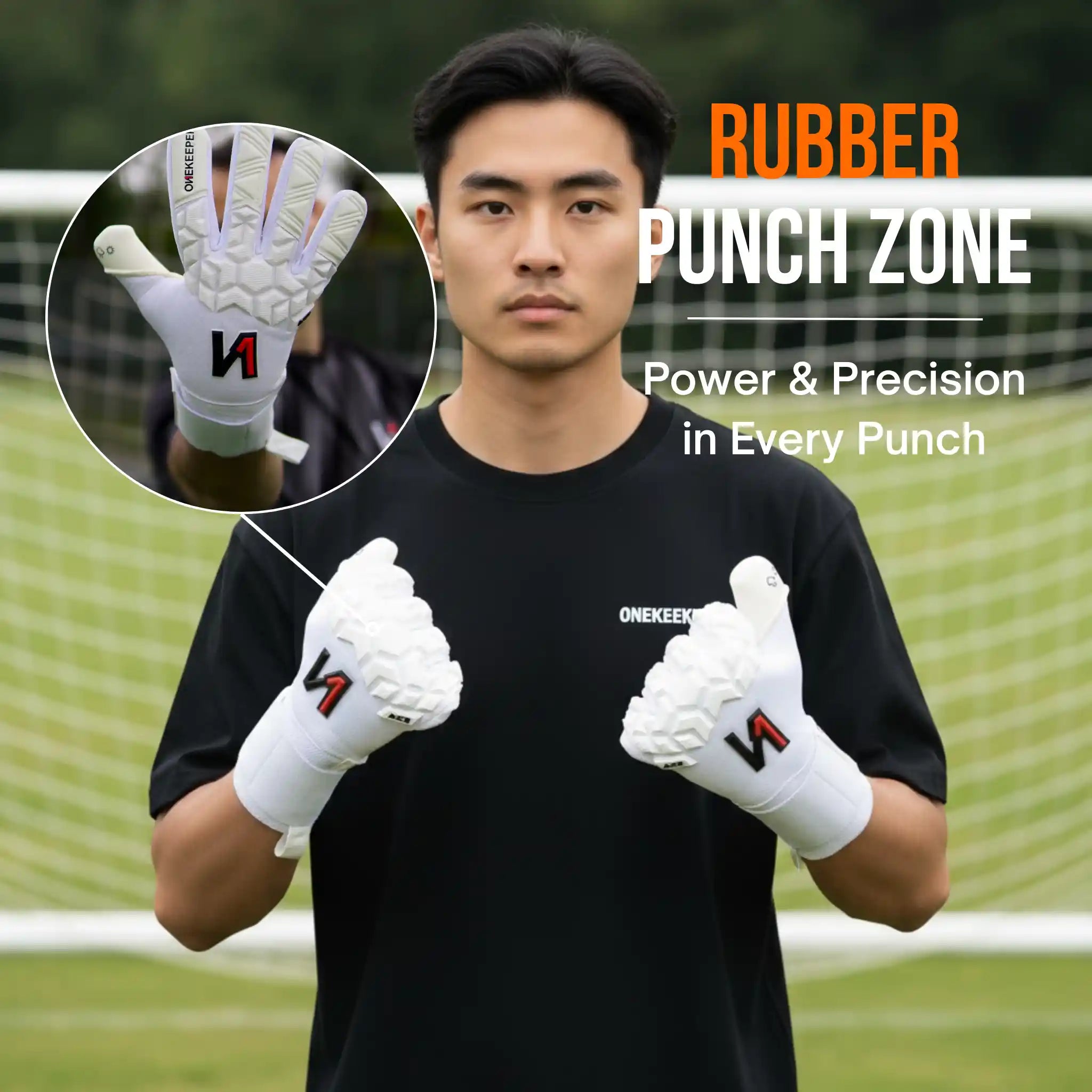 Person wearing a onekeeper ace white gloves with a close-up of the glove on a sports field background.