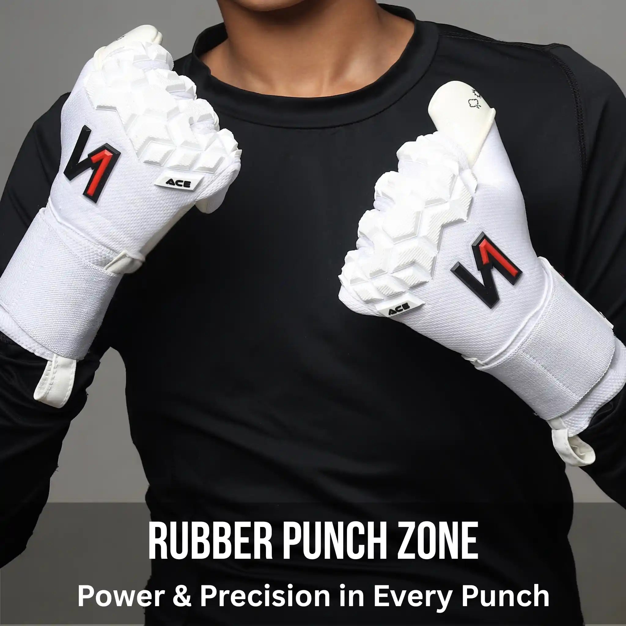 Person wearing a ONEKEEPER ACE white goalkeeper gloves with a brand logo on a gray background