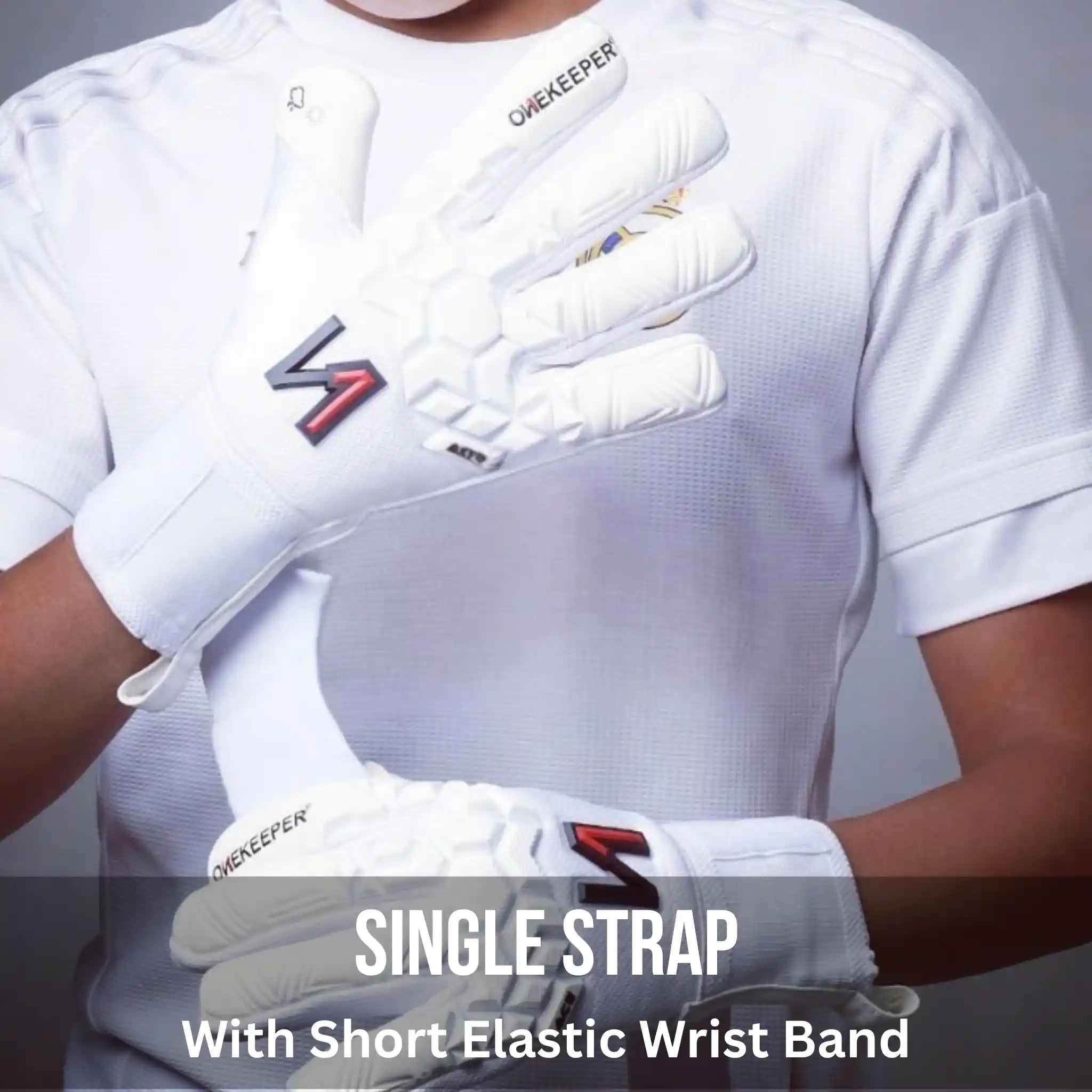 Person wearing a ONEKEEPER ACE white sports gloves with a single strap and short elastic wrist band, on a plain background.