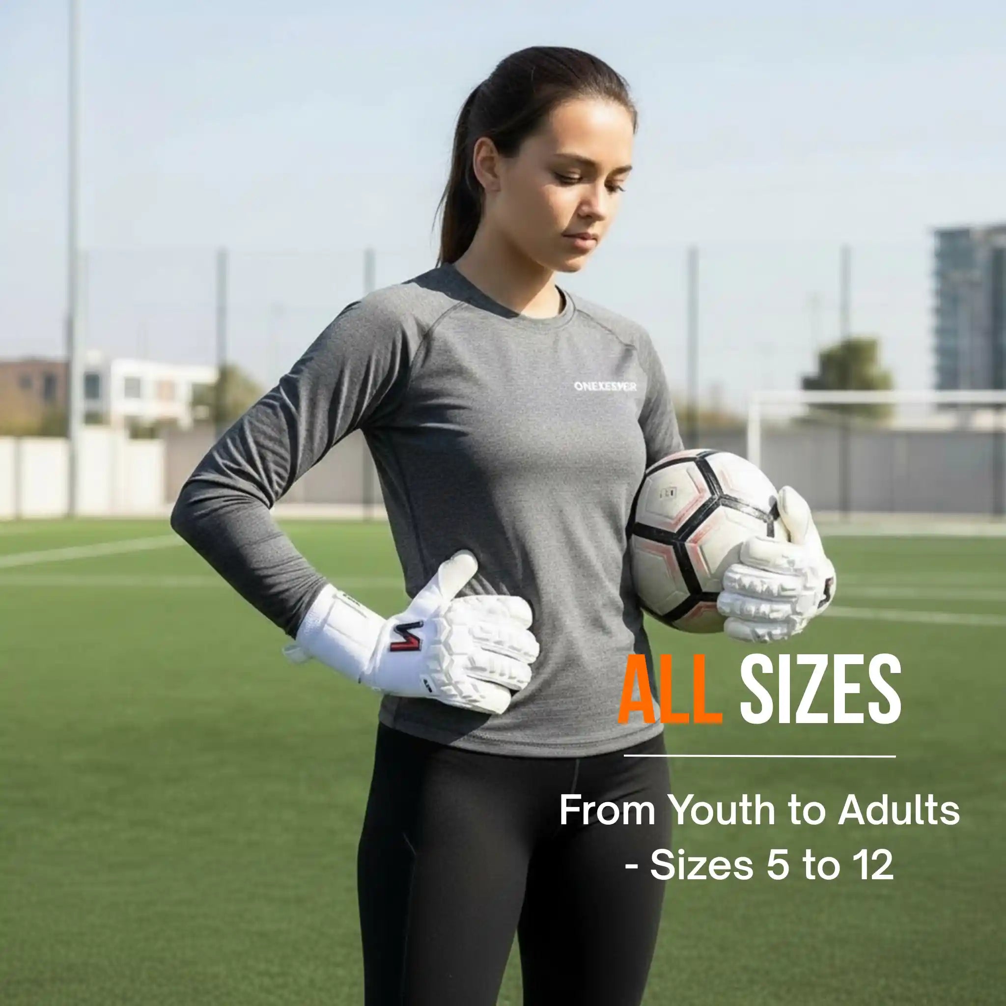 Woman holding a soccer ball with a onekeeper ace white glove on a sports field with text about product sizes.