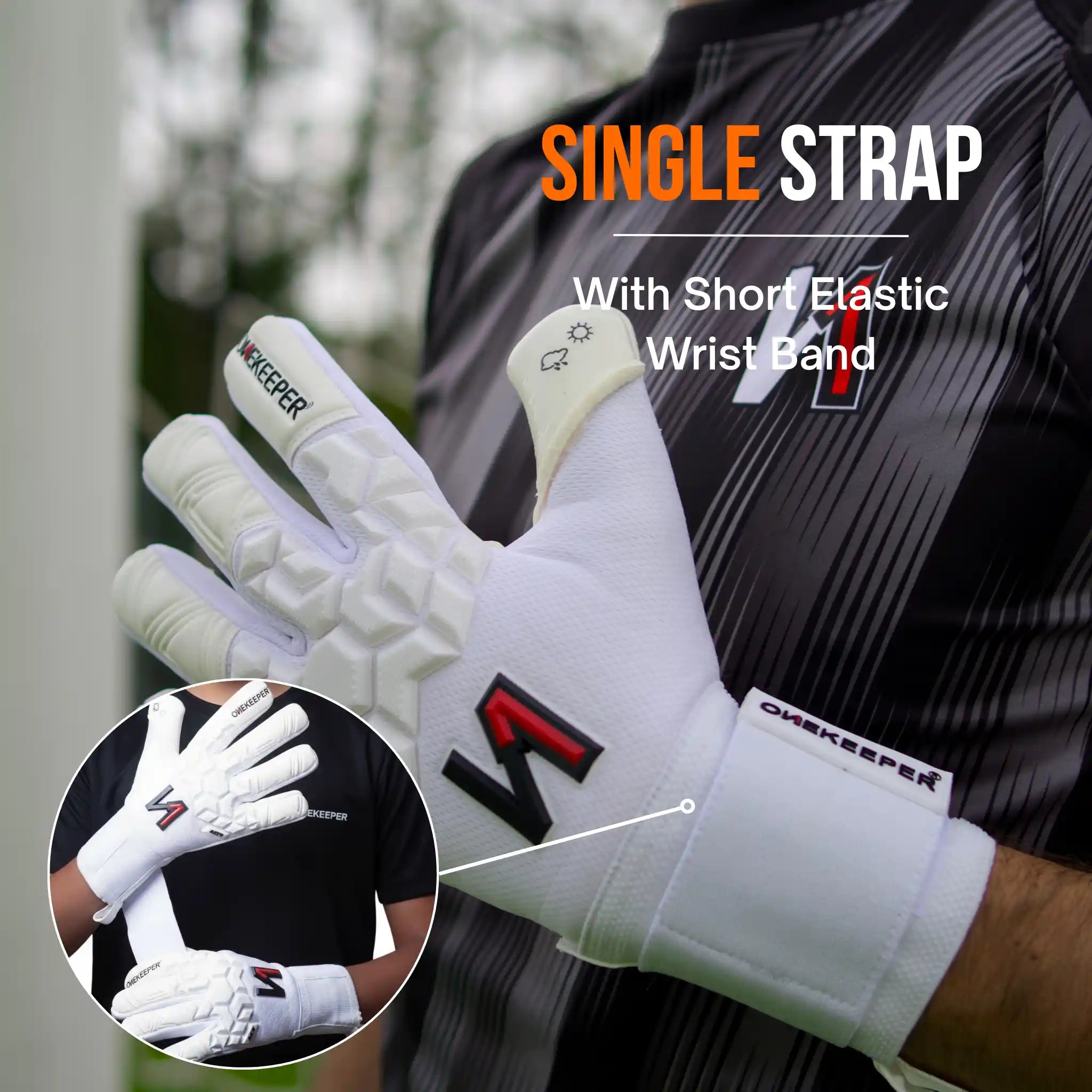 onekeeper ace White sports glove with a short elastic wrist band, featuring the brand 'Viper', on a blurred background.