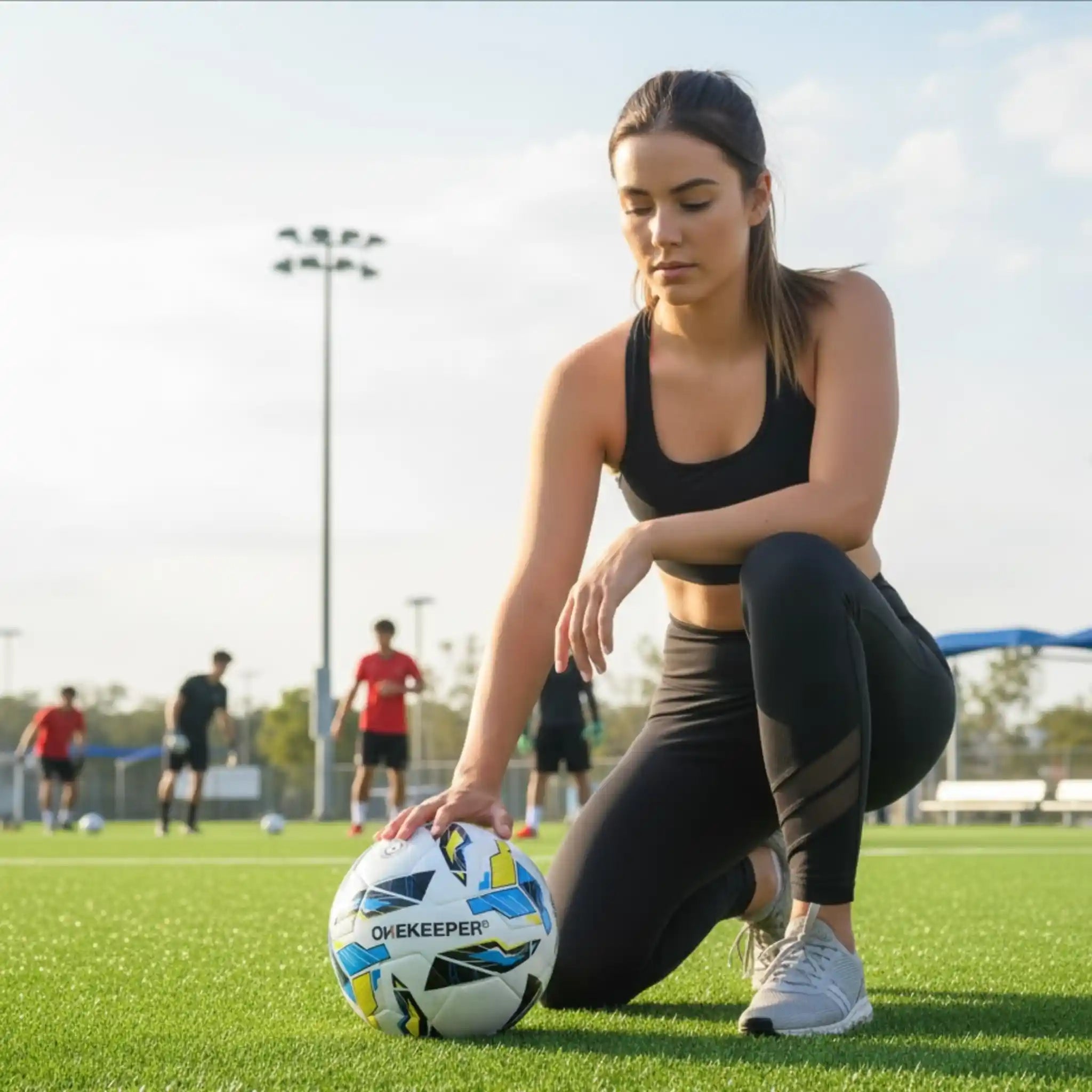Woman in athletic wear kneeling on a onekeeper soccer field with a soccer ball